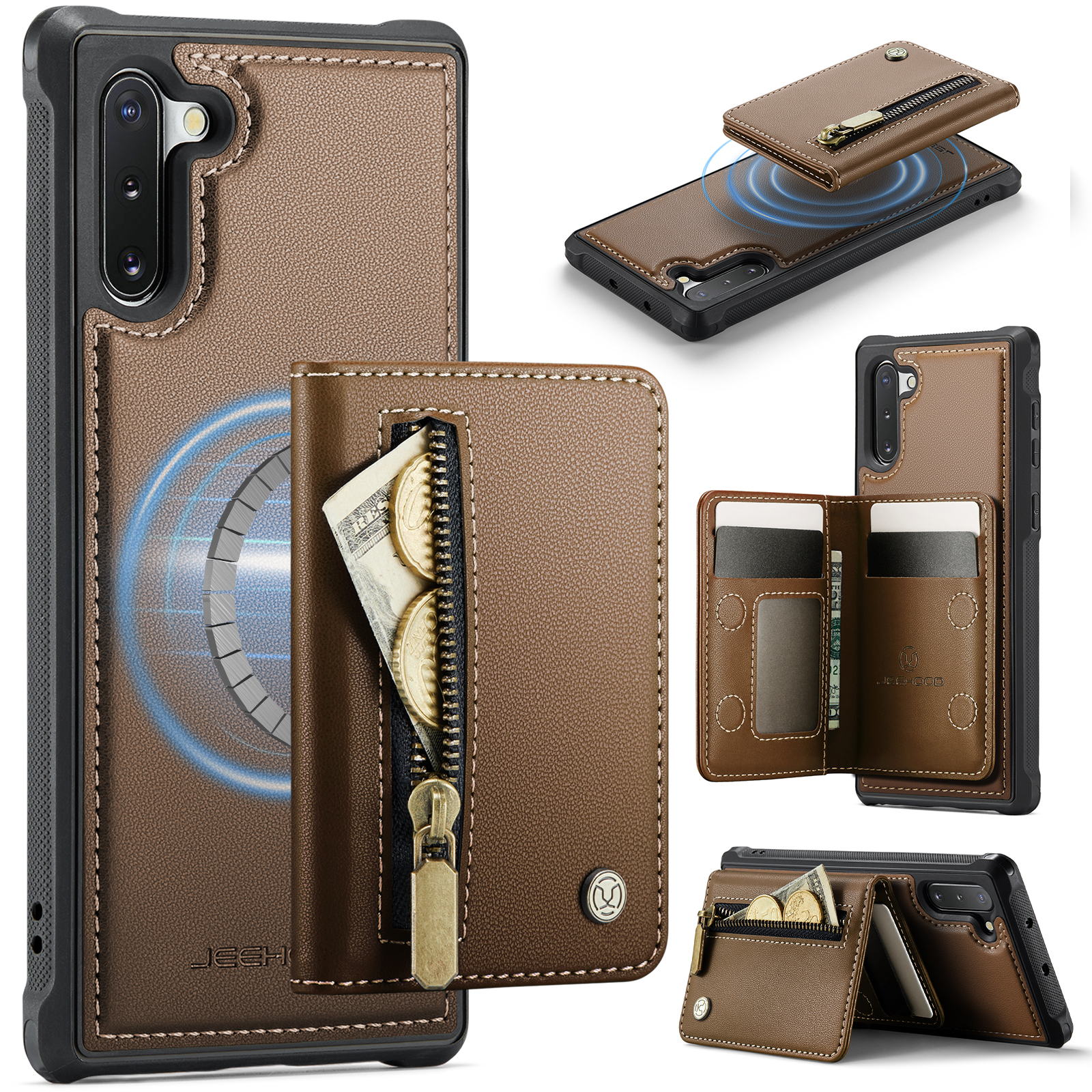 JEEHOOD For Samsung Galaxy Note 10 4G Case J12 Magnetic Detachable Zipper Wallet Kickstand Leather Back Cover Magnetic Case - Brown