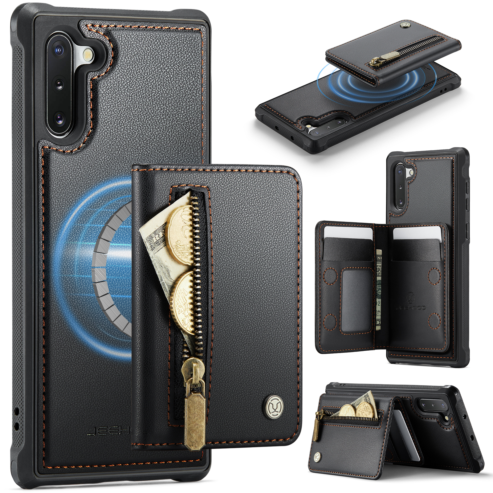 JEEHOOD For Samsung Galaxy Note 10 4G Case  J12 Magnetic Detachable Zipper Wallet Kickstand Leather Back Cover Magnetic Case - Black
