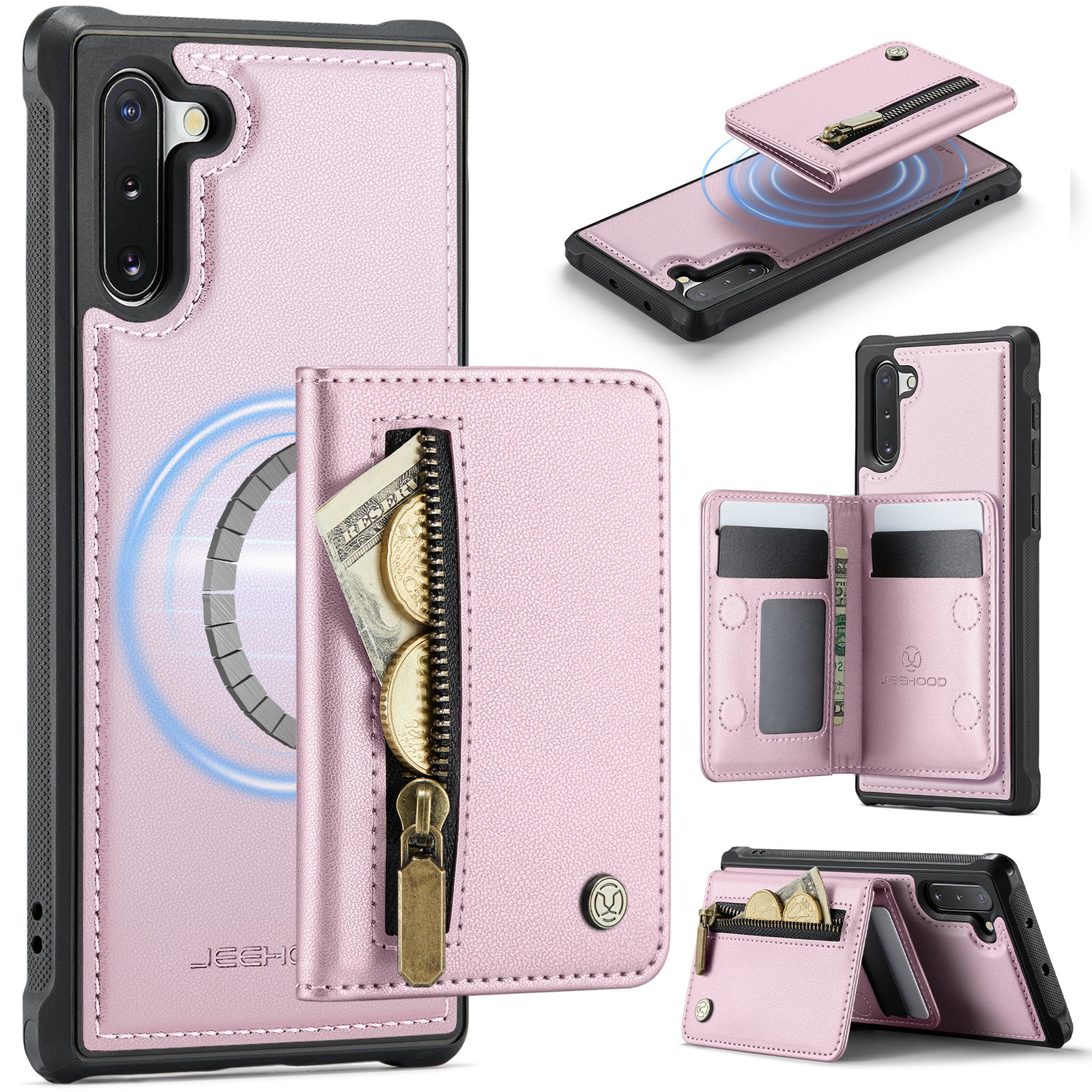 JEEHOOD For Samsung Galaxy Note 10 4G Case  J12 Magnetic Detachable Zipper Wallet Kickstand Leather Back Cover Magnetic Case - Pink