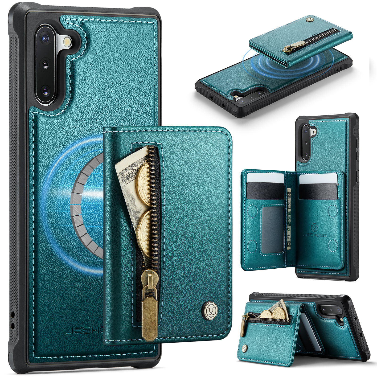 JEEHOOD For Samsung Galaxy Note 10 4G Case J12 Magnetic Detachable Zipper Wallet Kickstand Leather Back Cover Magnetic Case - Blue