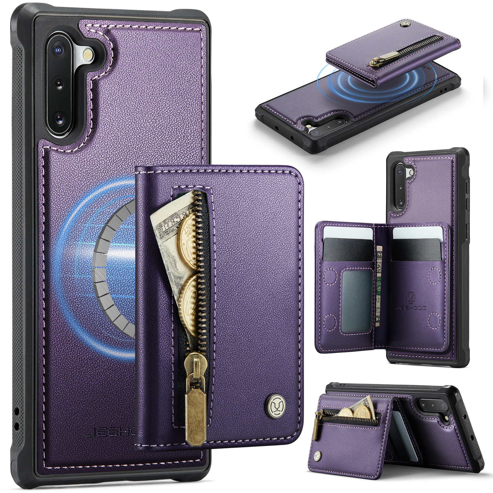 JEEHOOD For Samsung Galaxy Note 10 4G Case J12 Magnetic Detachable Zipper Wallet Kickstand Leather Back Cover Magnetic Case - Purple