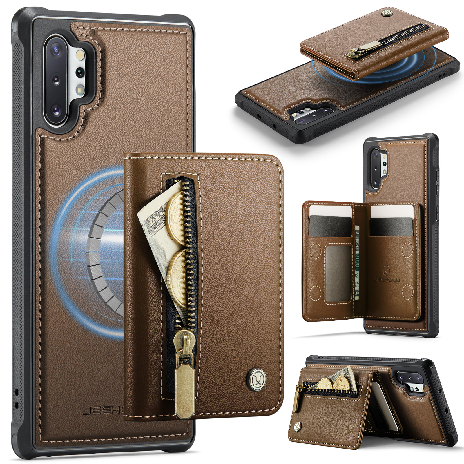 JEEHOOD For Samsung Galaxy Note 10 Plus 4G Case J12 Magnetic Detachable Zipper Wallet Kickstand Leather Back Cover Magnetic Case - Brown