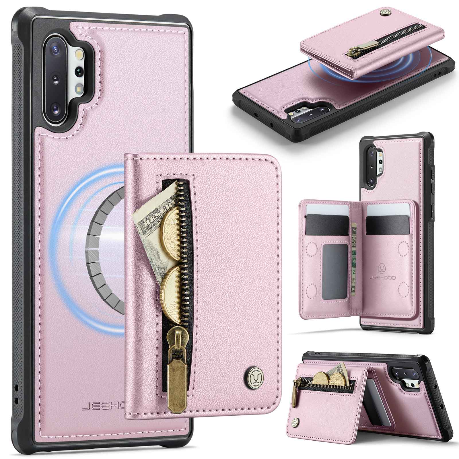 JEEHOOD For Samsung Galaxy Note 10 Plus 4G Case J12 Magnetic Detachable Zipper Wallet Kickstand Leather Back Cover Magnetic Case - Pink