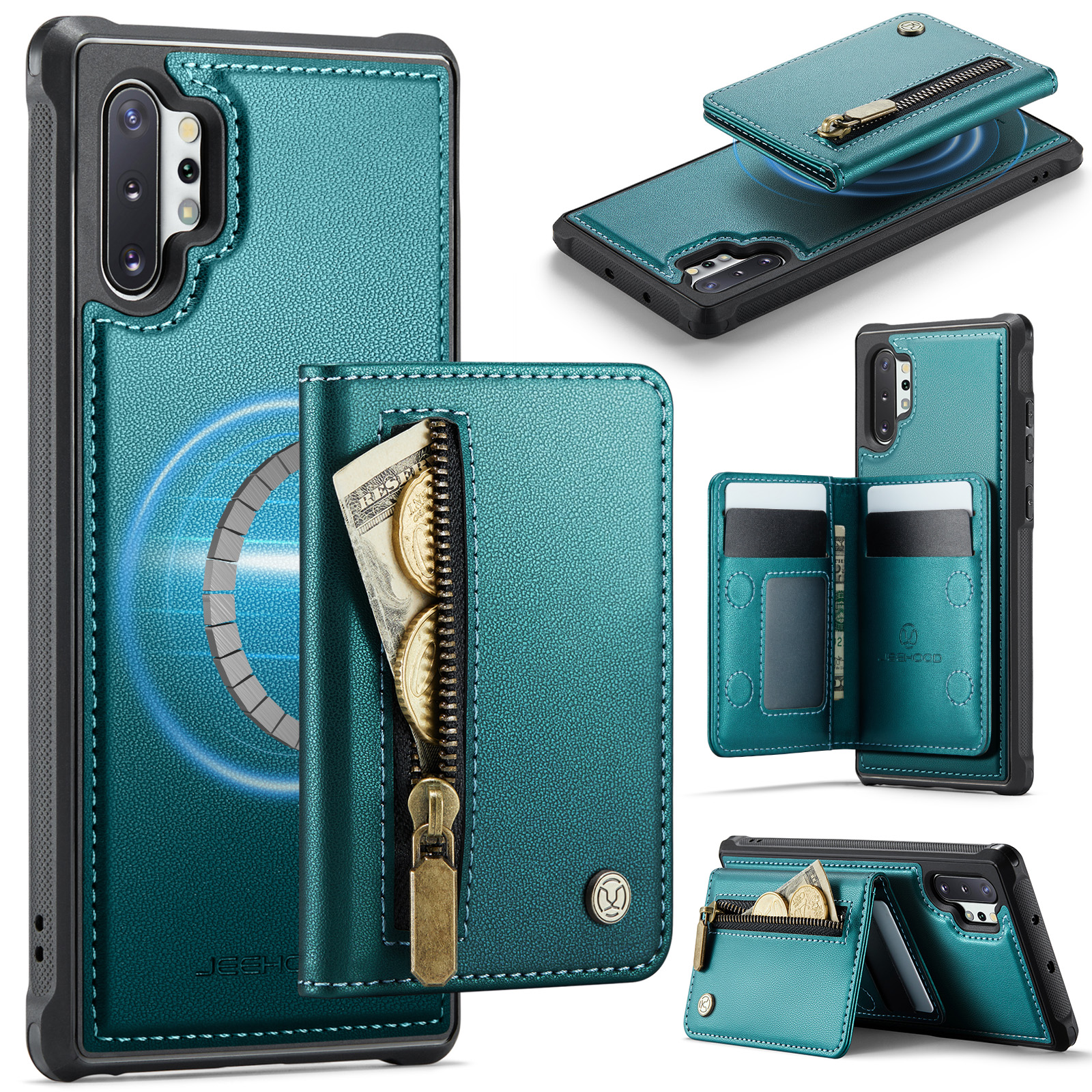 JEEHOOD For Samsung Galaxy Note 10 Plus 4G Case J12 Magnetic Detachable Zipper Wallet Kickstand Leather Back Cover Magnetic Case - Blue