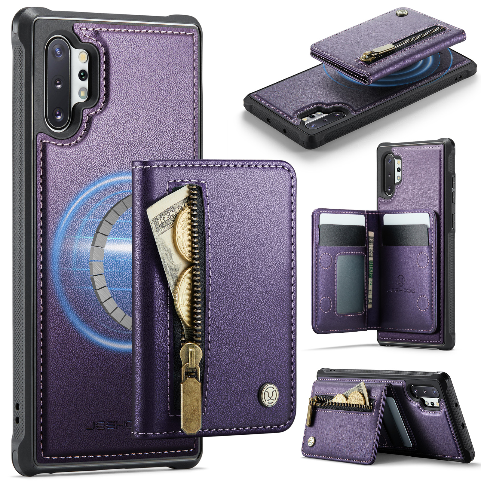 JEEHOOD For Samsung Galaxy Note 10 Plus 4G Case J12 Magnetic Detachable Zipper Wallet Kickstand Leather Back Cover Magnetic Case - Purple