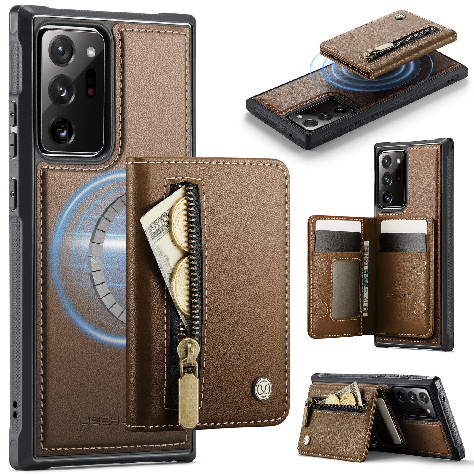 JEEHOOD For Samsung Galaxy Note20 Ultra Case J12 Magnetic Detachable Zipper Wallet Kickstand Leather Back Cover Magnetic Case - Brown