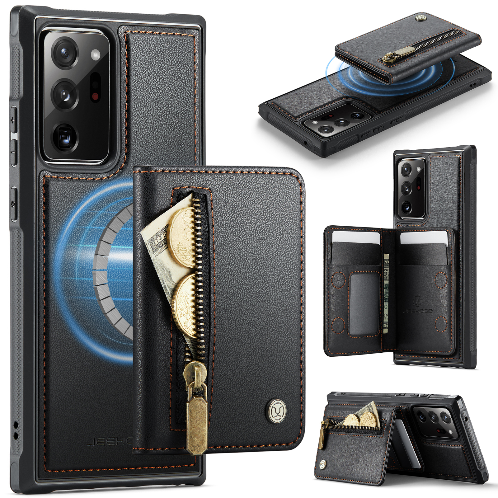 JEEHOOD For Samsung Galaxy Note20 Ultra Case J12 Magnetic Detachable Zipper Wallet Kickstand Leather Back Cover Magnetic Case - Black