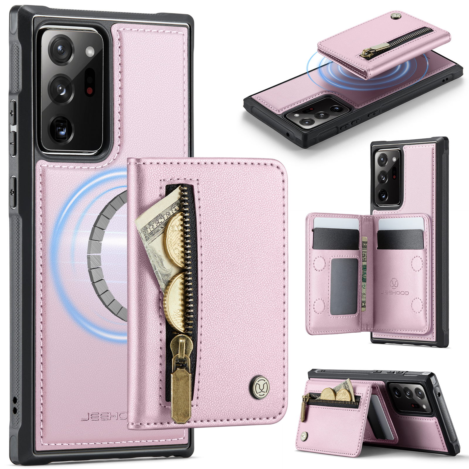 JEEHOOD For Samsung Galaxy Note20 Ultra Case J12 Magnetic Detachable Zipper Wallet Kickstand Leather Back Cover Magnetic Case - Pink