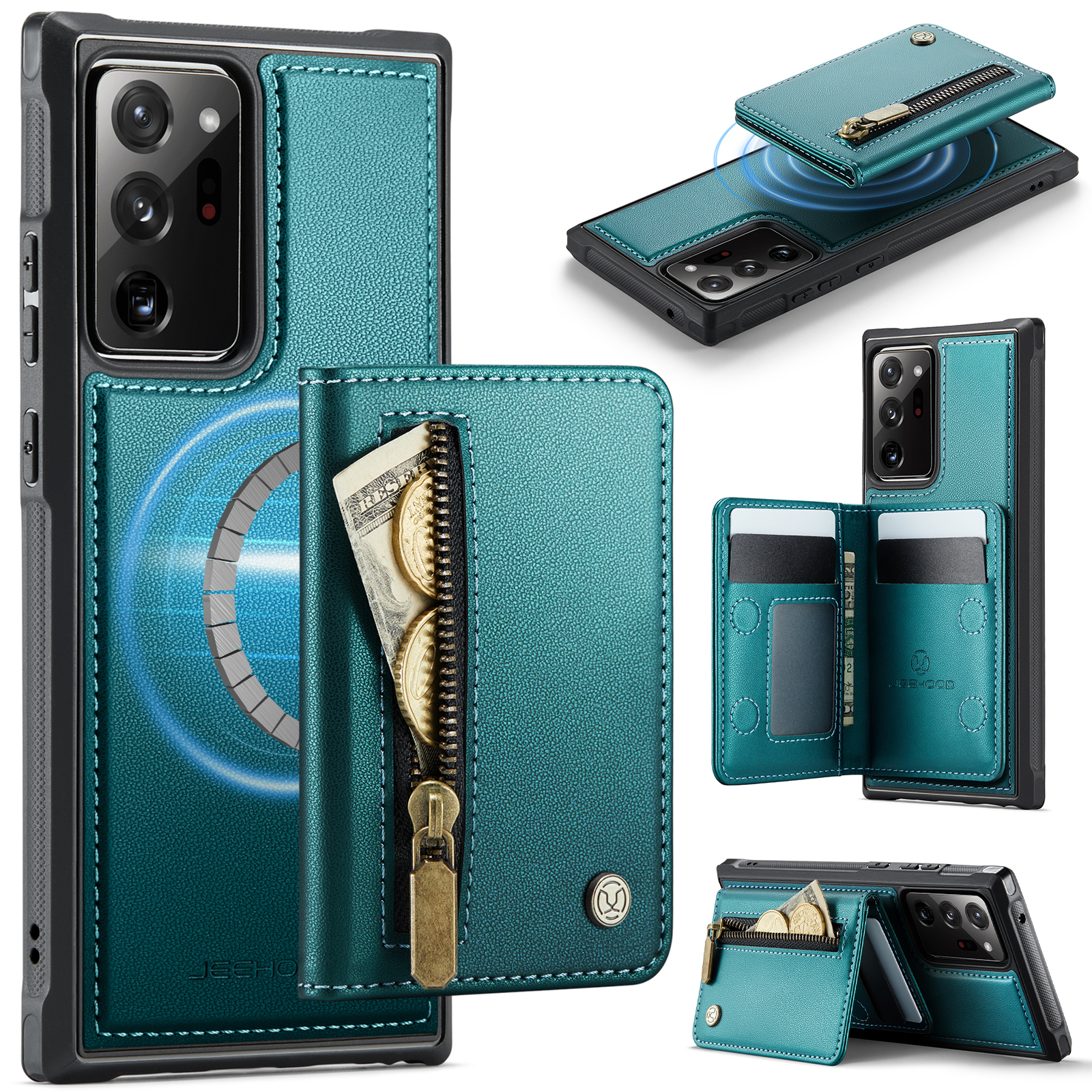 JEEHOOD For Samsung Galaxy Note20 Ultra Case J12 Magnetic Detachable Zipper Wallet Kickstand Leather Back Cover Magnetic Case - Blue