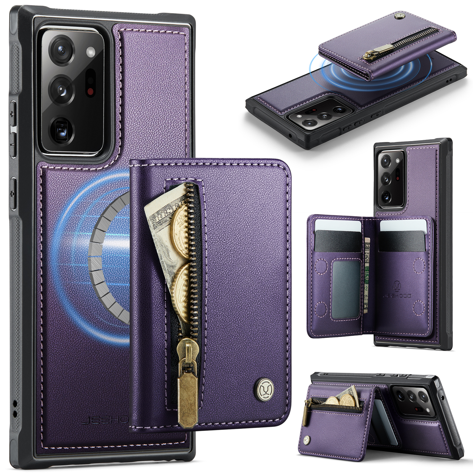JEEHOOD For Samsung Galaxy Note20 Ultra Case J12 Magnetic Detachable Zipper Wallet Kickstand Leather Back Cover Magnetic Case - Purple