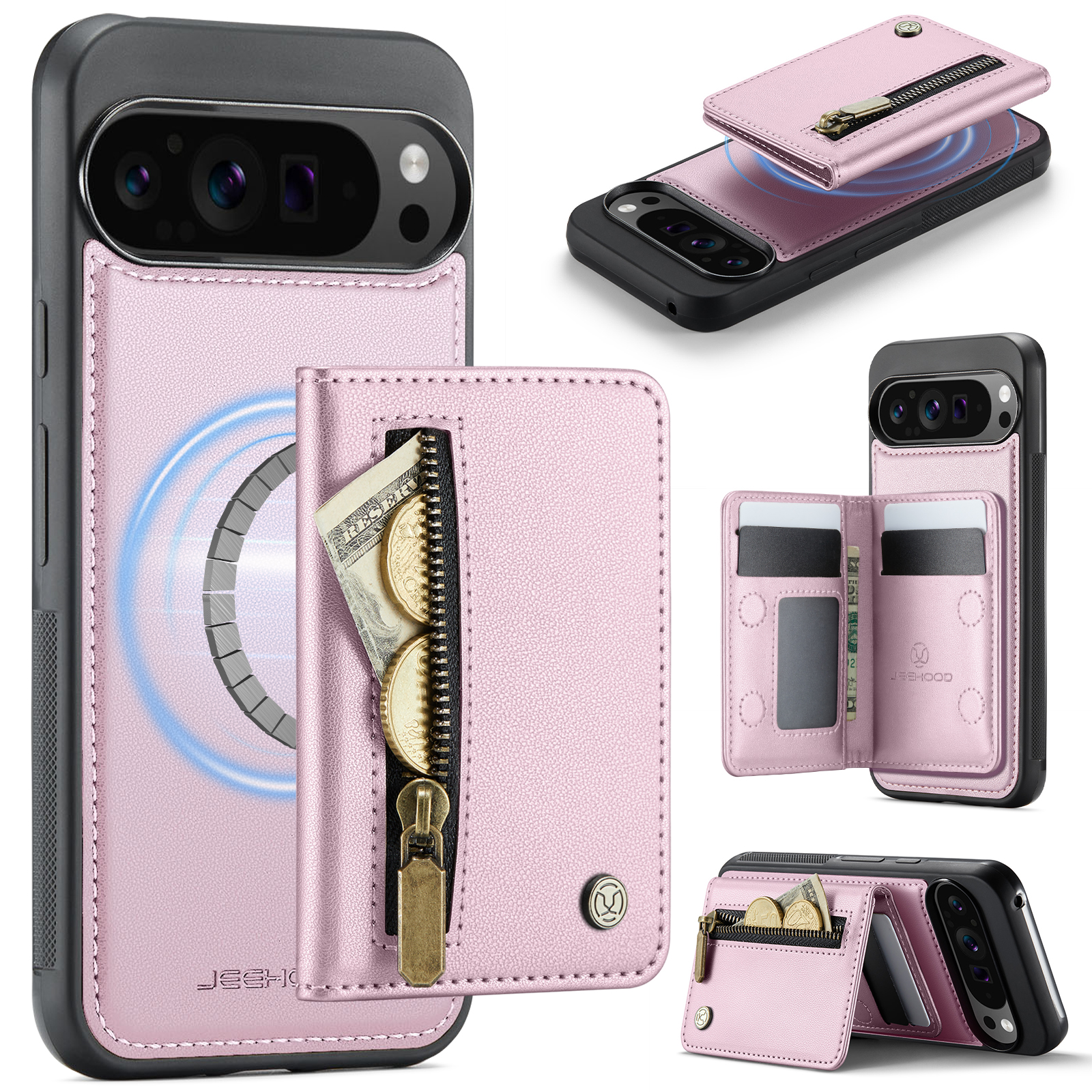 For Google Pixel 10 Pro XL Case JEEHOOD J12 Magnetic Detachable Zipper Wallet Kickstand Leather Back Cover Compatible with MagSafe - Pink