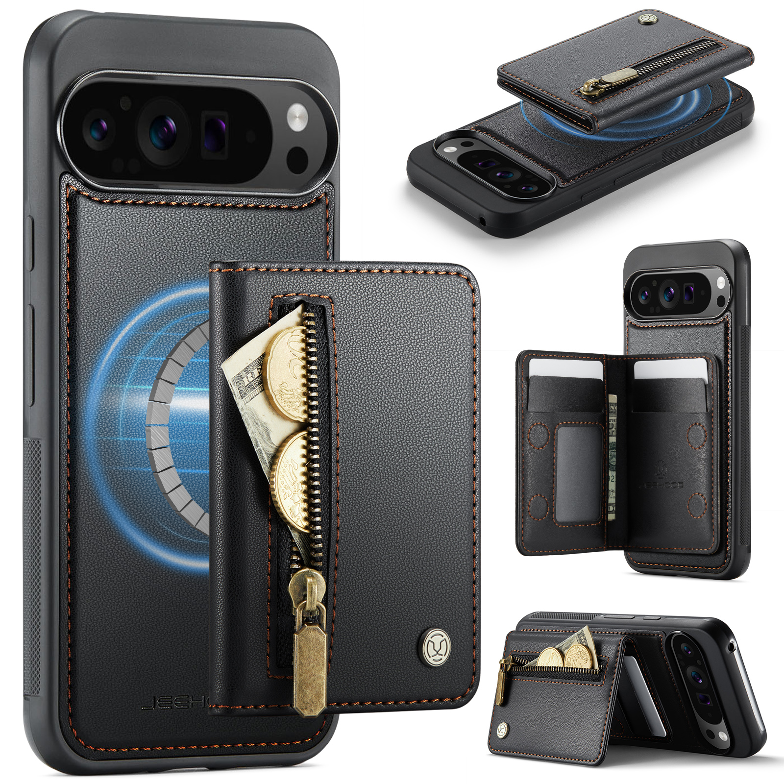 For Google Pixel 10 Pro XL Case JEEHOOD J12 Magnetic Detachable Zipper Wallet Kickstand Leather Back Cover Compatible with MagSafe - Black