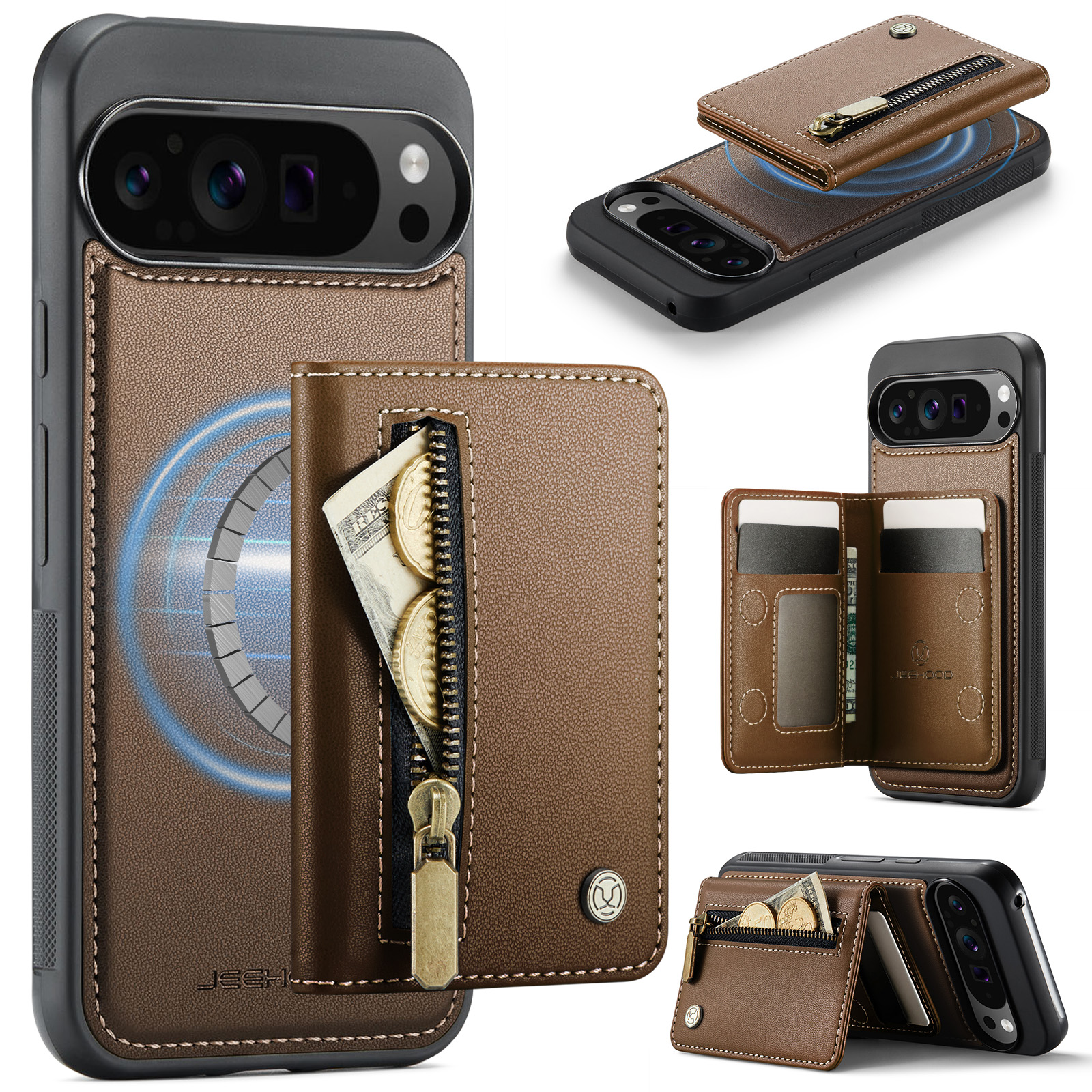 For Google Pixel 10 Pro XL Case JEEHOOD J12 Magnetic Detachable Zipper Wallet Kickstand Leather Back Cover Compatible with MagSafe - Brown