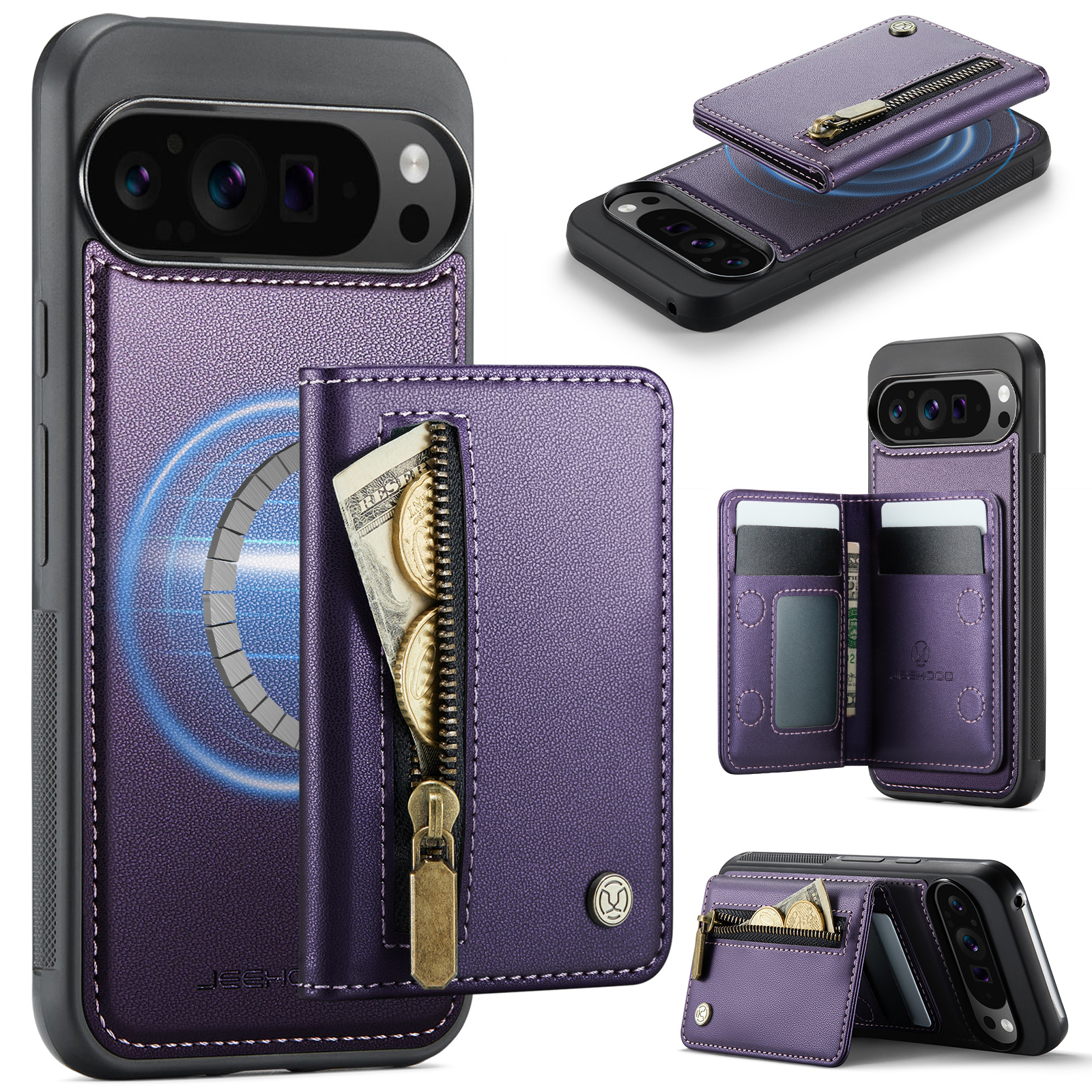 For Google Pixel 10 Pro XL Case JEEHOOD J12 Magnetic Detachable Zipper Wallet Kickstand Leather Back Cover Compatible with MagSafe - Purple