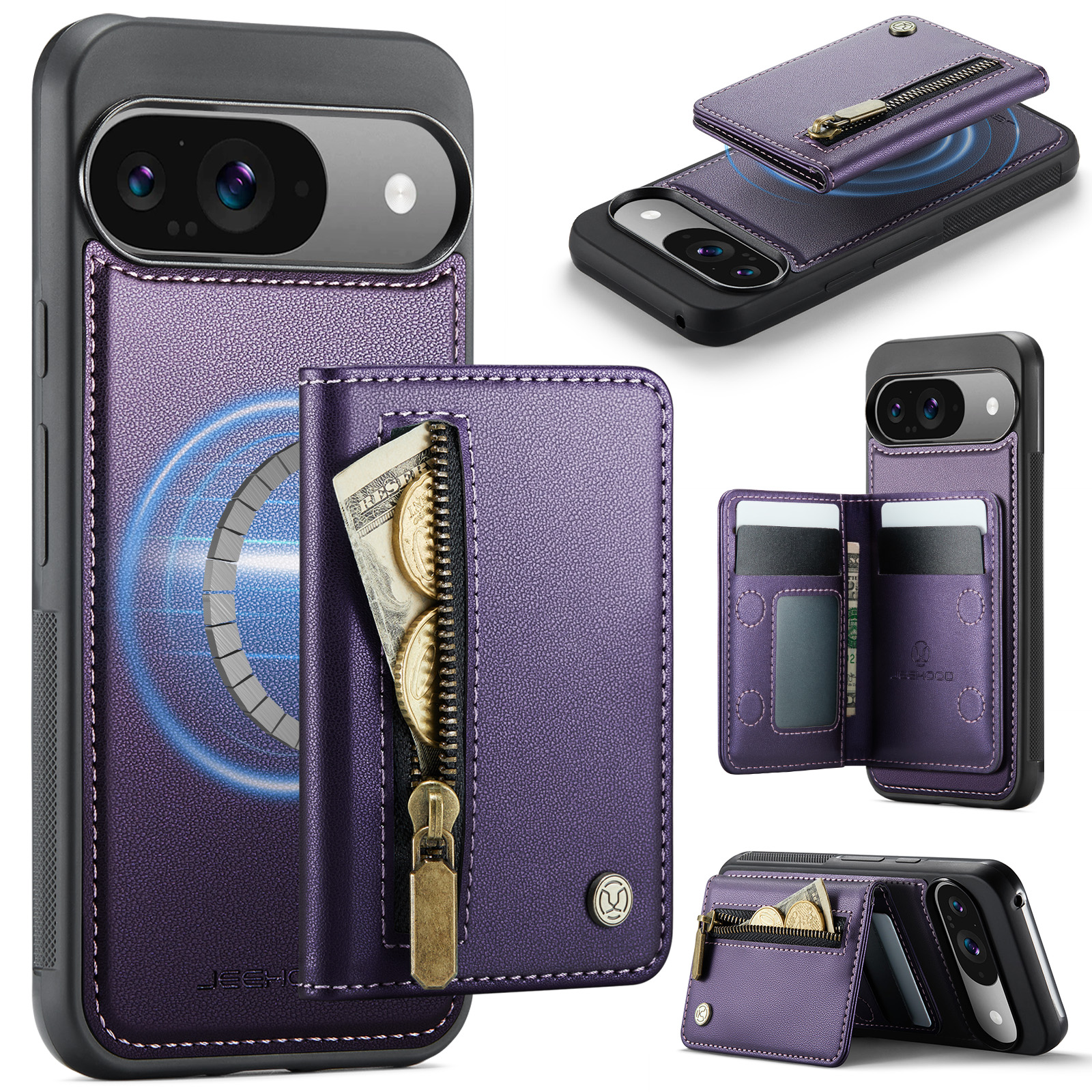 For Google Pixel 9 Pro / Google Pixel 9 Case JEEHOOD J12 Magnetic Detachable Zipper Wallet Kickstand Leather Back Cover Compatible with MagSafe - Purple