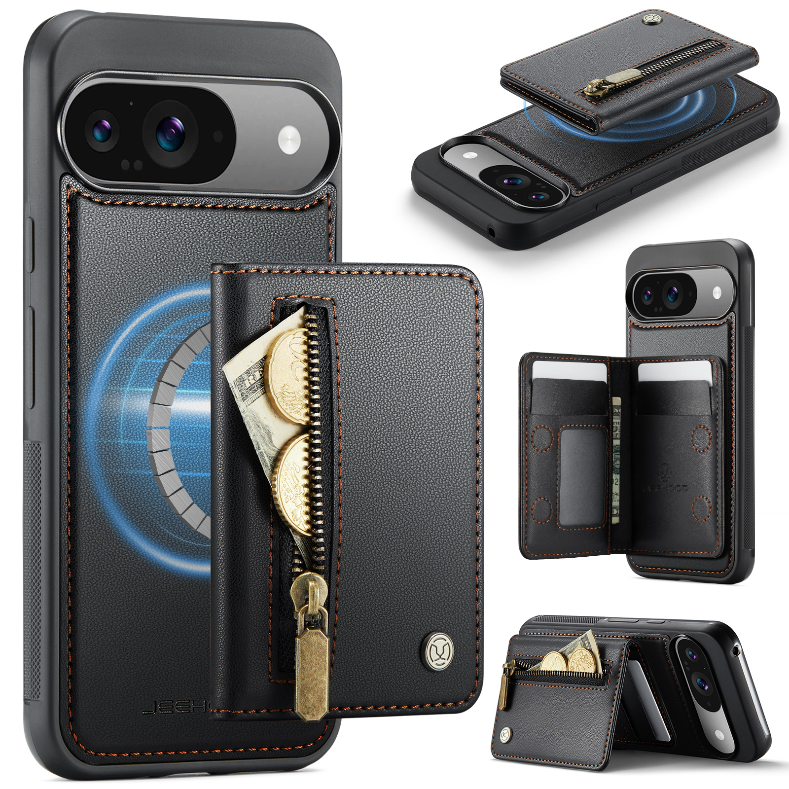 For Google Pixel 9 Pro / Google Pixel 9 Case JEEHOOD J12 Magnetic Detachable Zipper Wallet Kickstand Leather Back Cover Compatible with MagSafe - Black