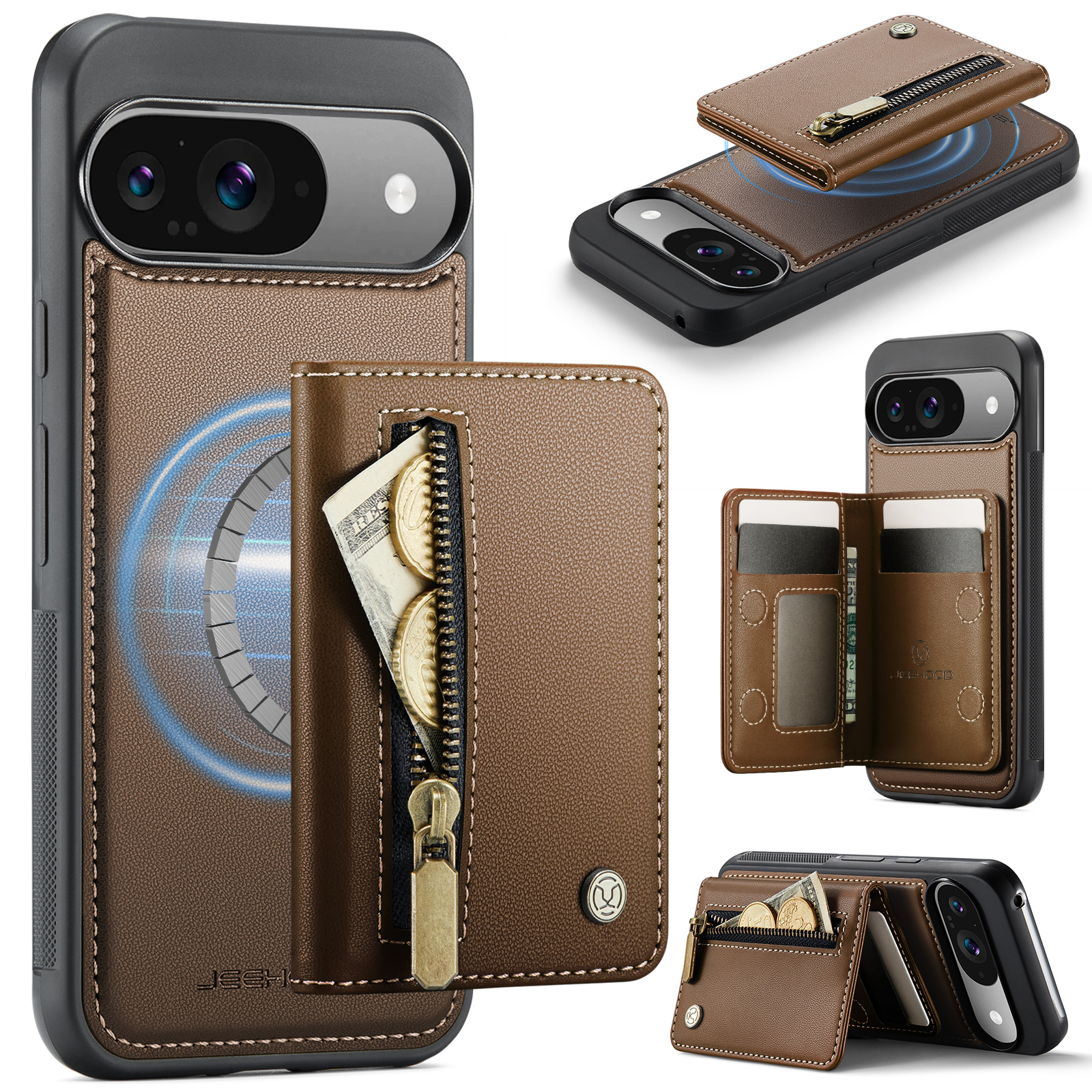 For Google Pixel 9 Pro / Google Pixel 9 Case JEEHOOD J12 Magnetic Detachable Zipper Wallet Kickstand Leather Back Cover Compatible with MagSafe - Brown
