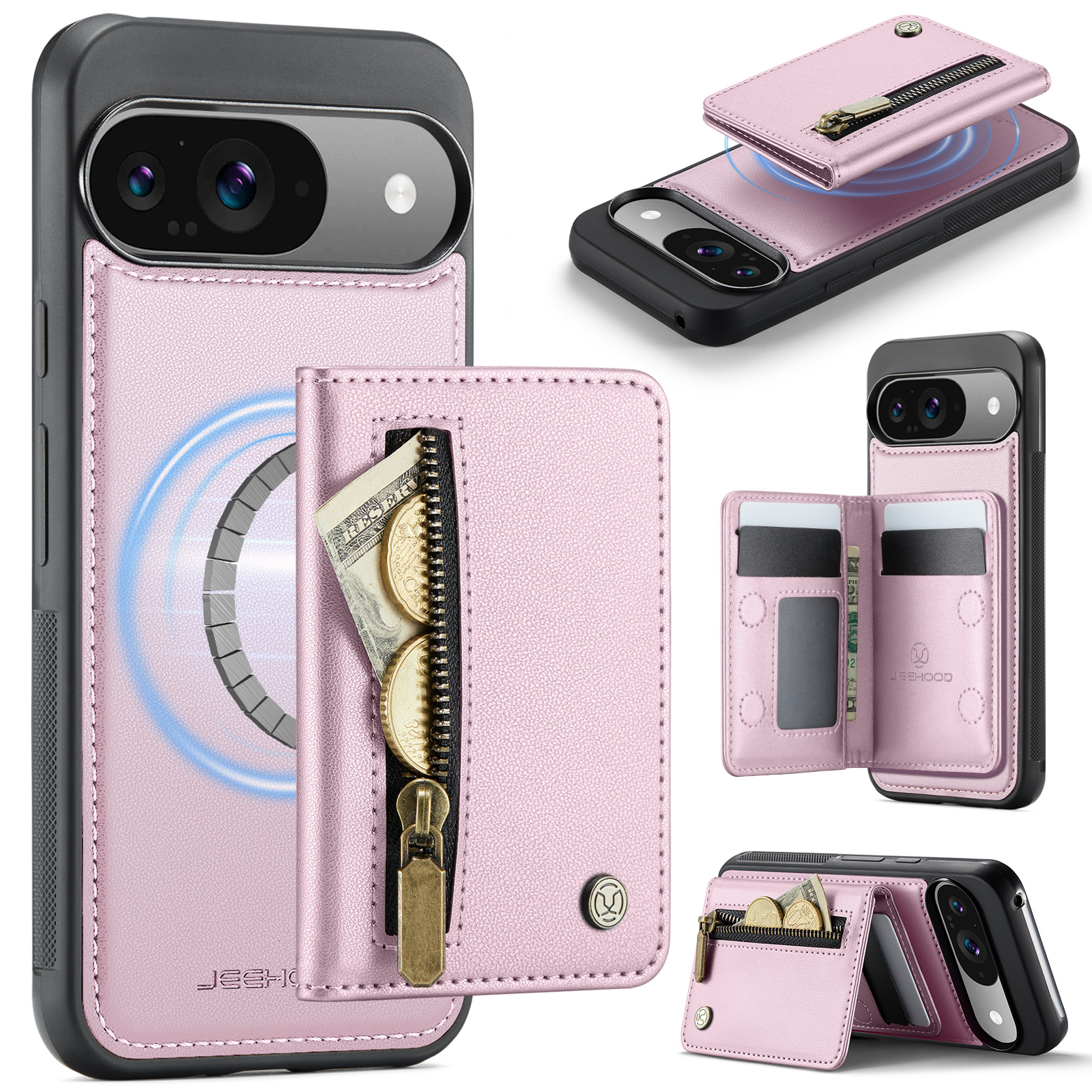 For Google Pixel 9 Pro / Google Pixel 9 Case JEEHOOD J12 Magnetic Detachable Zipper Wallet Kickstand Leather Back Cover Compatible with MagSafe - Pink