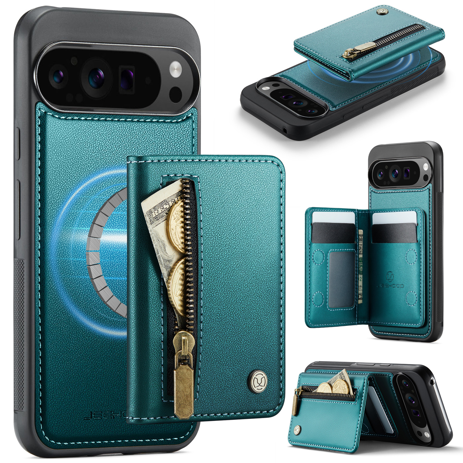 For Google Pixel 9 Pro XL Case JEEHOOD J12 Magnetic Detachable Zipper Wallet Kickstand Leather Back Cover Compatible with MagSafe - Blue