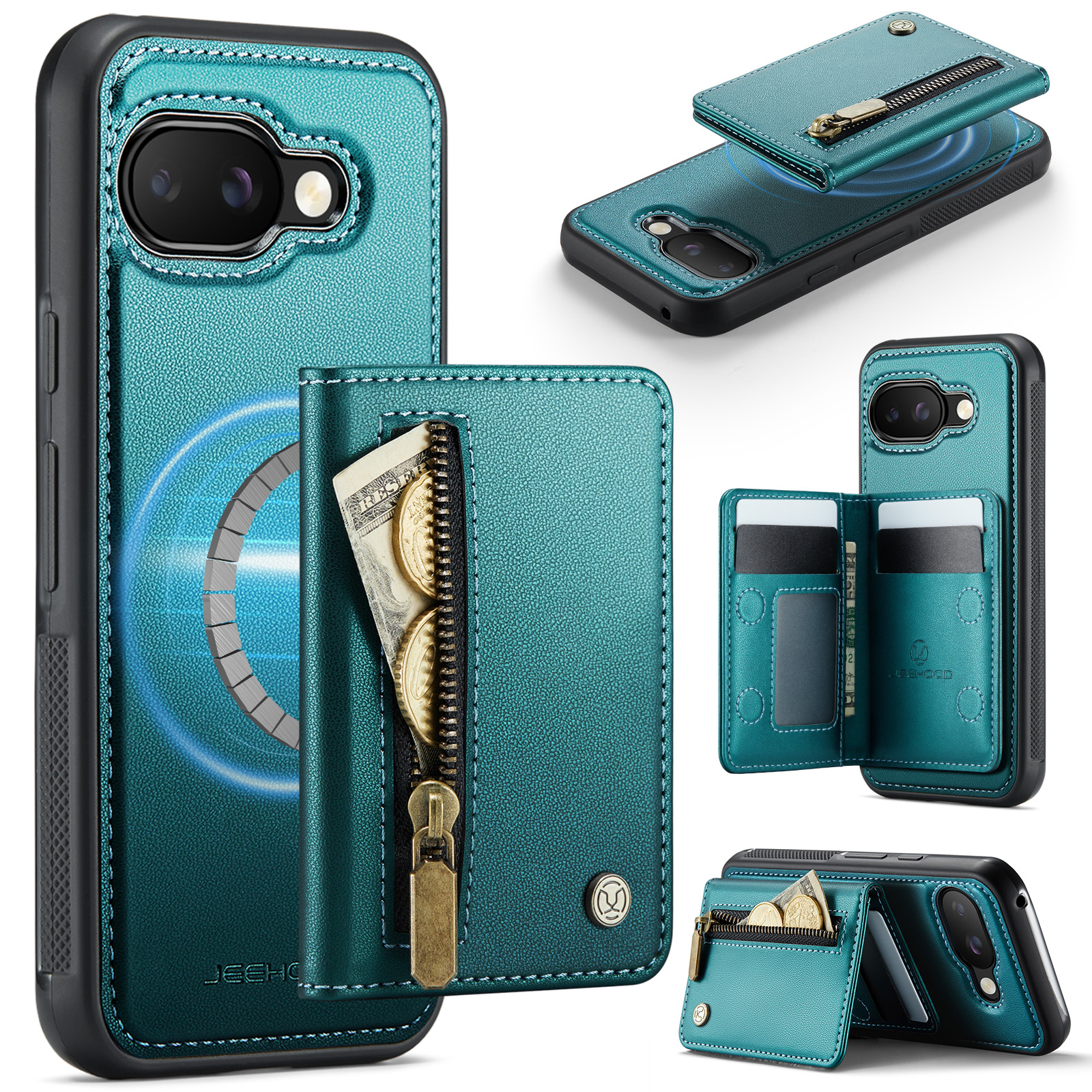 For Google Pixel 9a Case JEEHOOD J12 Magnetic Detachable Zipper Wallet Kickstand Leather Back Cover Compatible with MagSafe - Blue