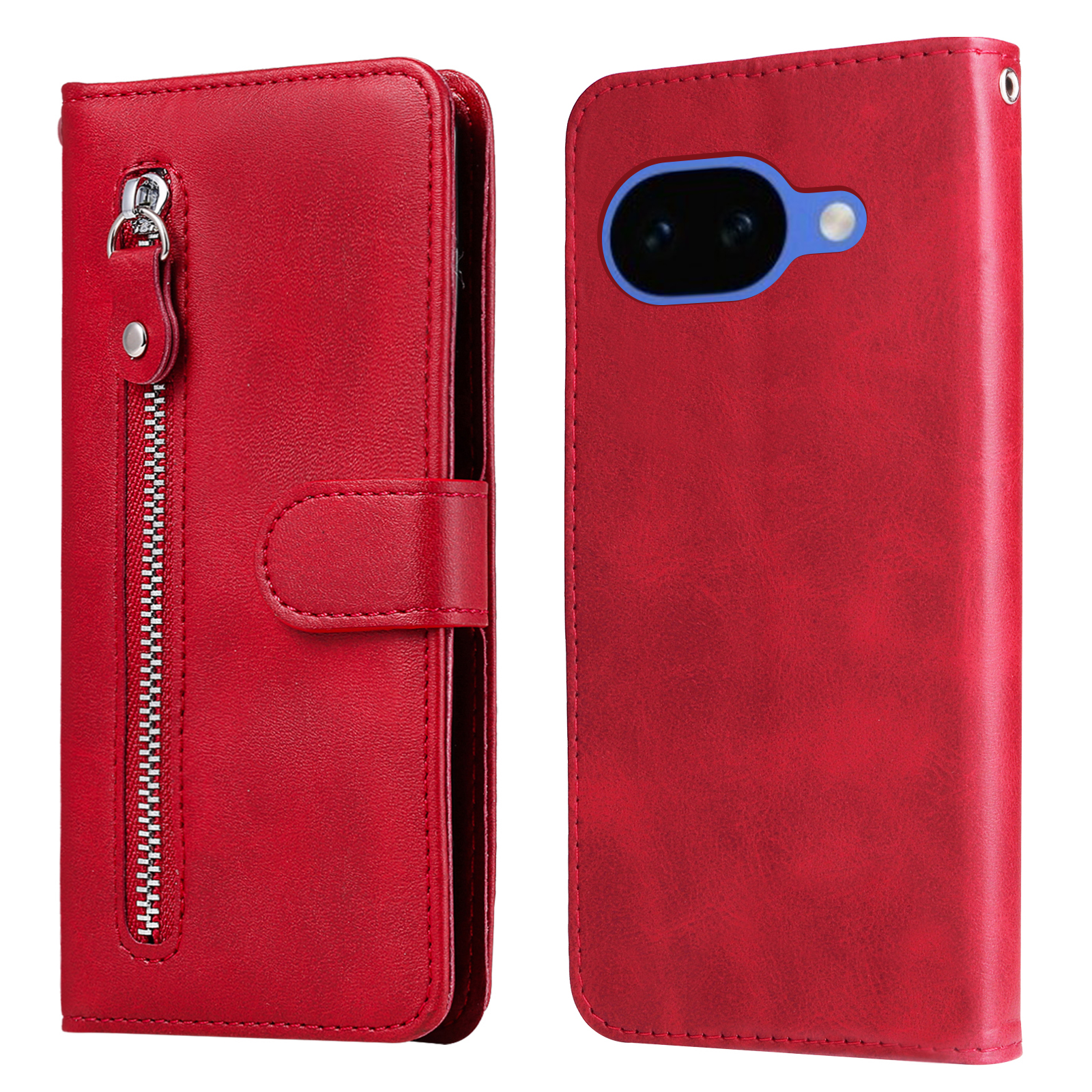 For Google Pixel 10a PU Leather Cases with Zipper Pocket Wallet Phone Cover Stand - Red