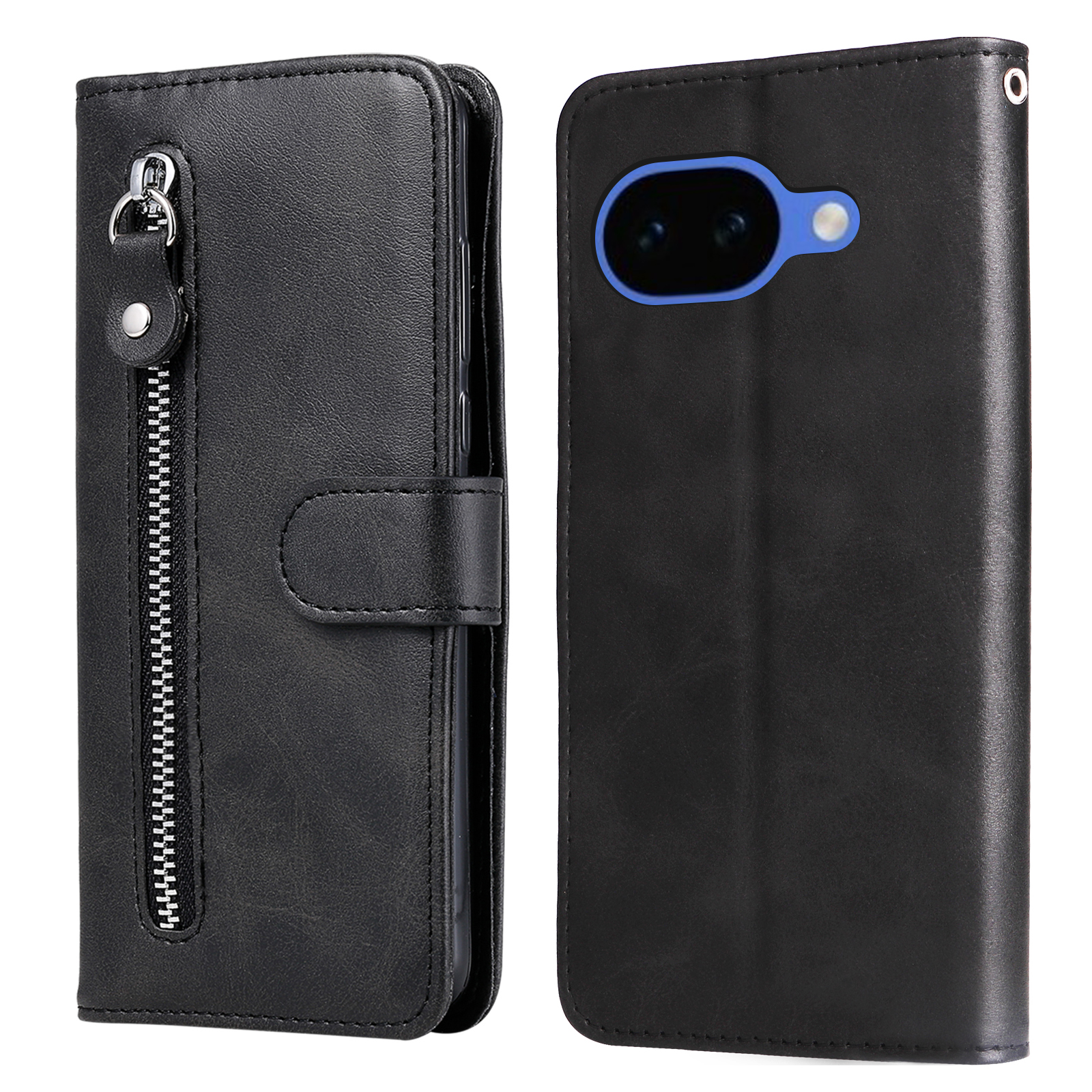 For Google Pixel 10a PU Leather Cases with Zipper Pocket Wallet Phone Cover Stand - Black