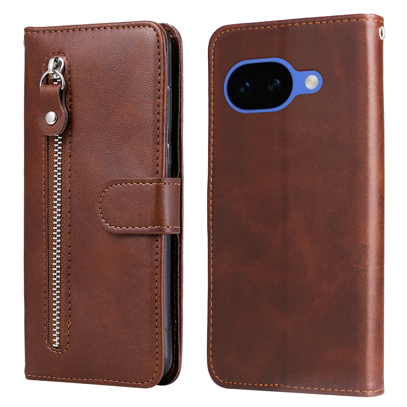 For Google Pixel 10a PU Leather Cases with Zipper Pocket Wallet Phone Cover Stand - Brown