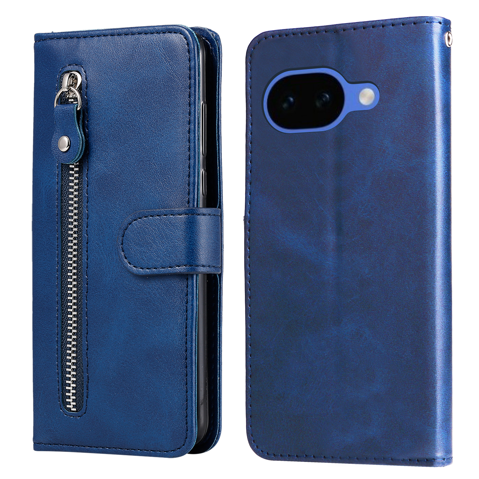 For Google Pixel 10a PU Leather Cases with Zipper Pocket Wallet Phone Cover Stand - Blue