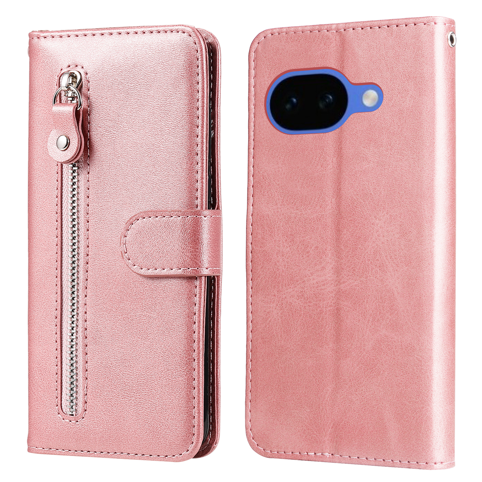 For Google Pixel 10a PU Leather Cases with Zipper Pocket Wallet Phone Cover Stand - Pink