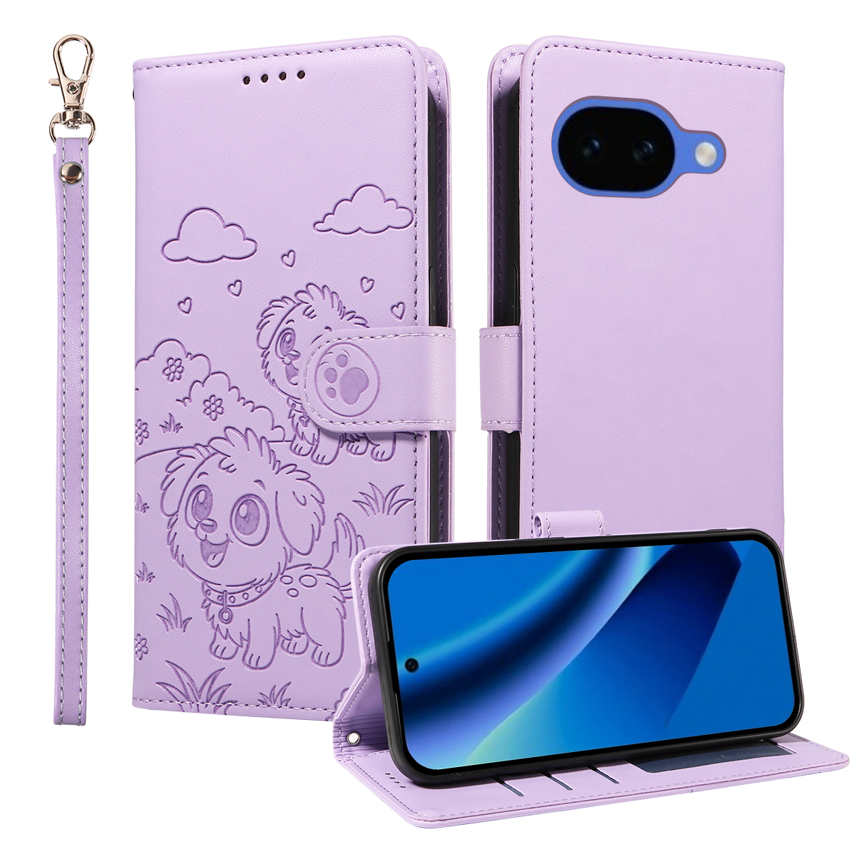 For Google Pixel 10a Case RFID Blocking Imprinted Dog Pattern PU Leather Phone Cover with Wrist Strap - Purple