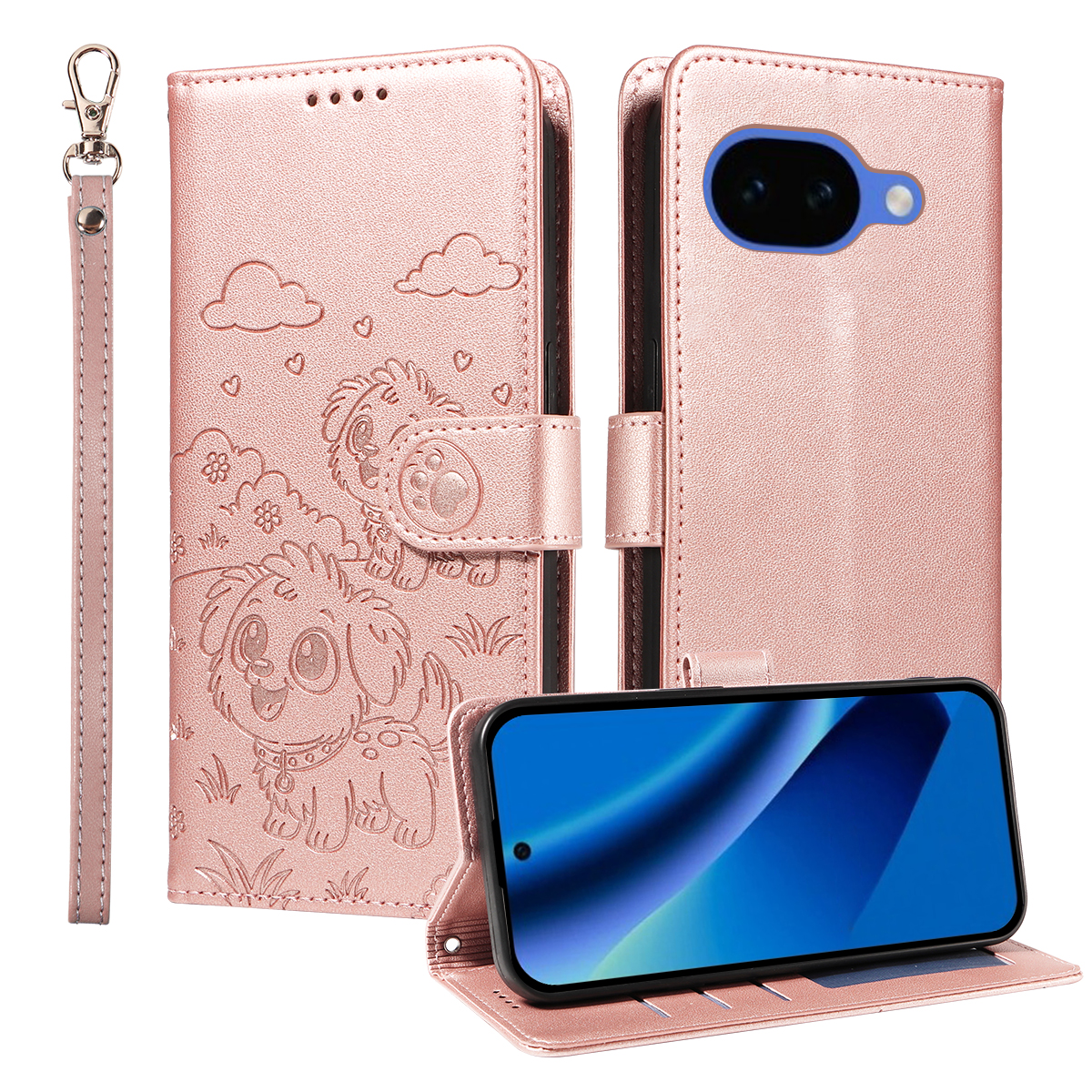 For Google Pixel 10a Case RFID Blocking Imprinted Dog Pattern PU Leather Phone Cover with Wrist Strap - Pink