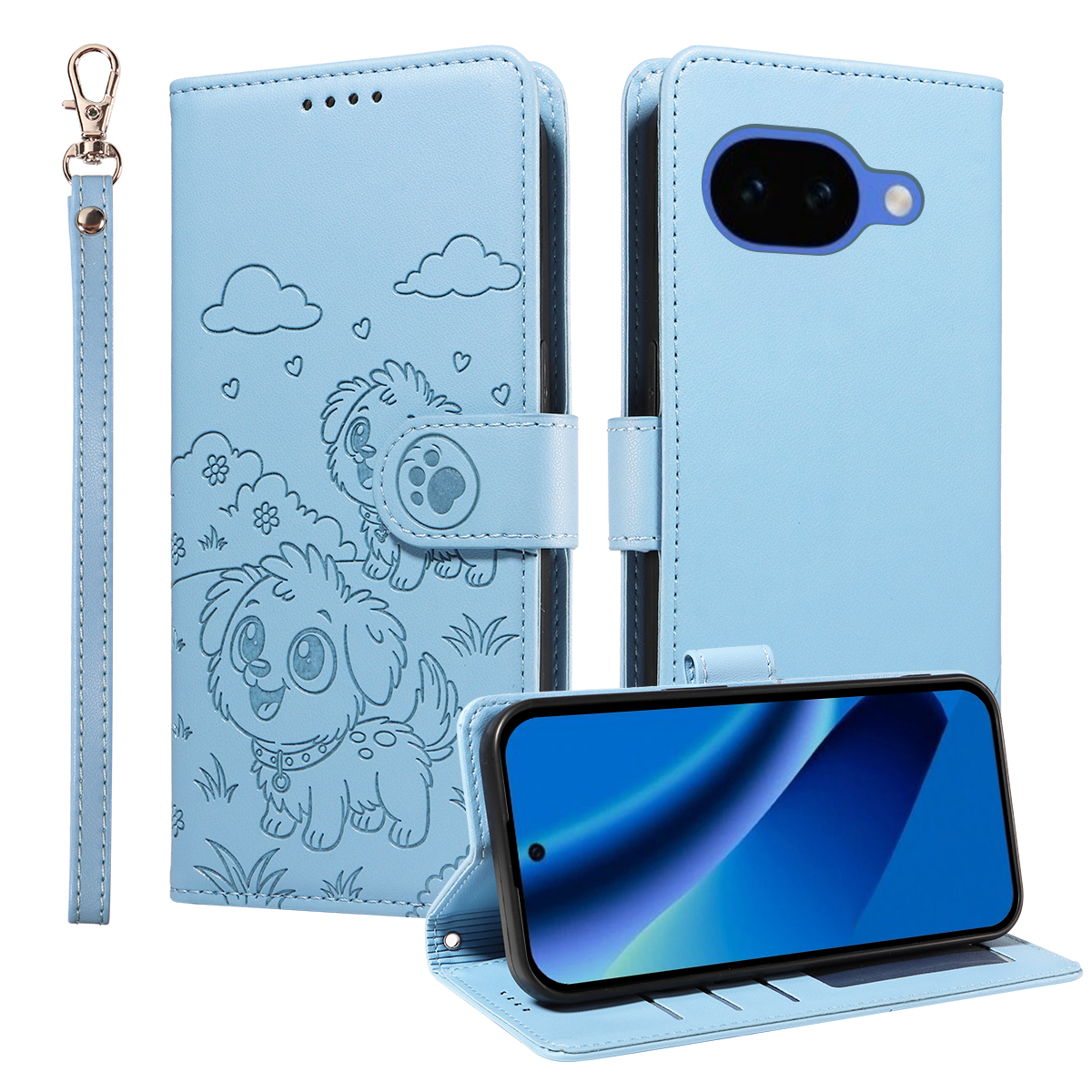For Google Pixel 10a Case RFID Blocking Imprinted Dog Pattern PU Leather Phone Cover with Wrist Strap - Blue