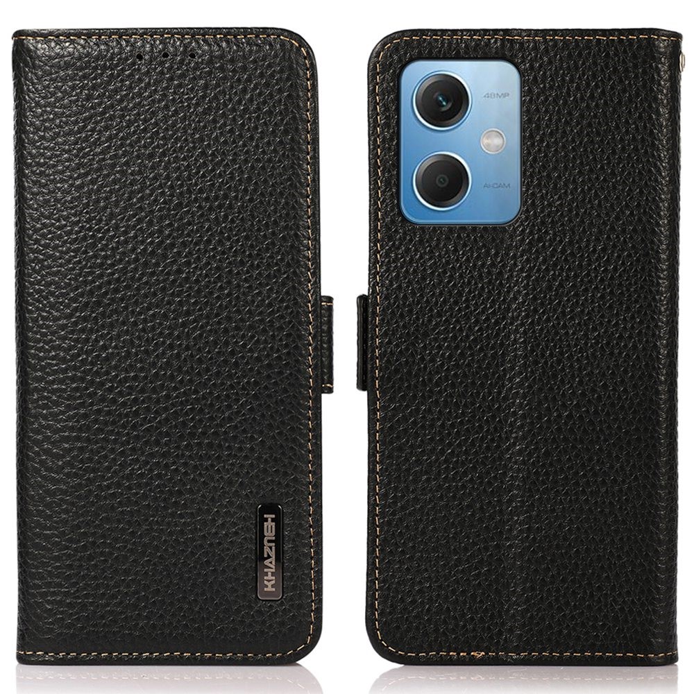 KHAZNEH for Xiaomi Redmi Note 12 5G Litchi Texture Genuine Leather Magnetic Flip Case RFID Blocking Stand Shockproof Phone Cover - Black-1