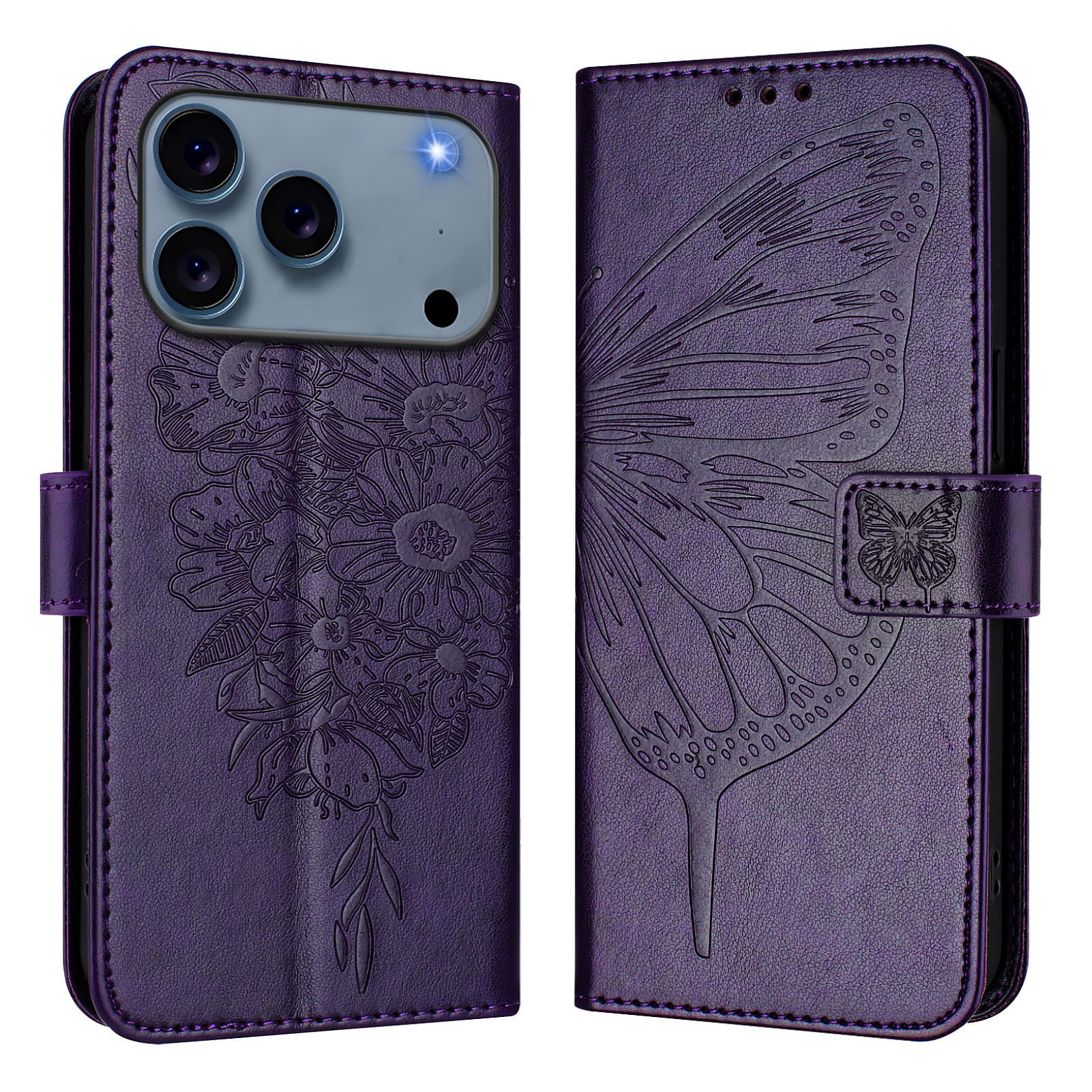For iPhone 17 Pro Max Wallet Case with Wrist Strap Butterfly Imprint Leather Phone Cover - Dark Purple