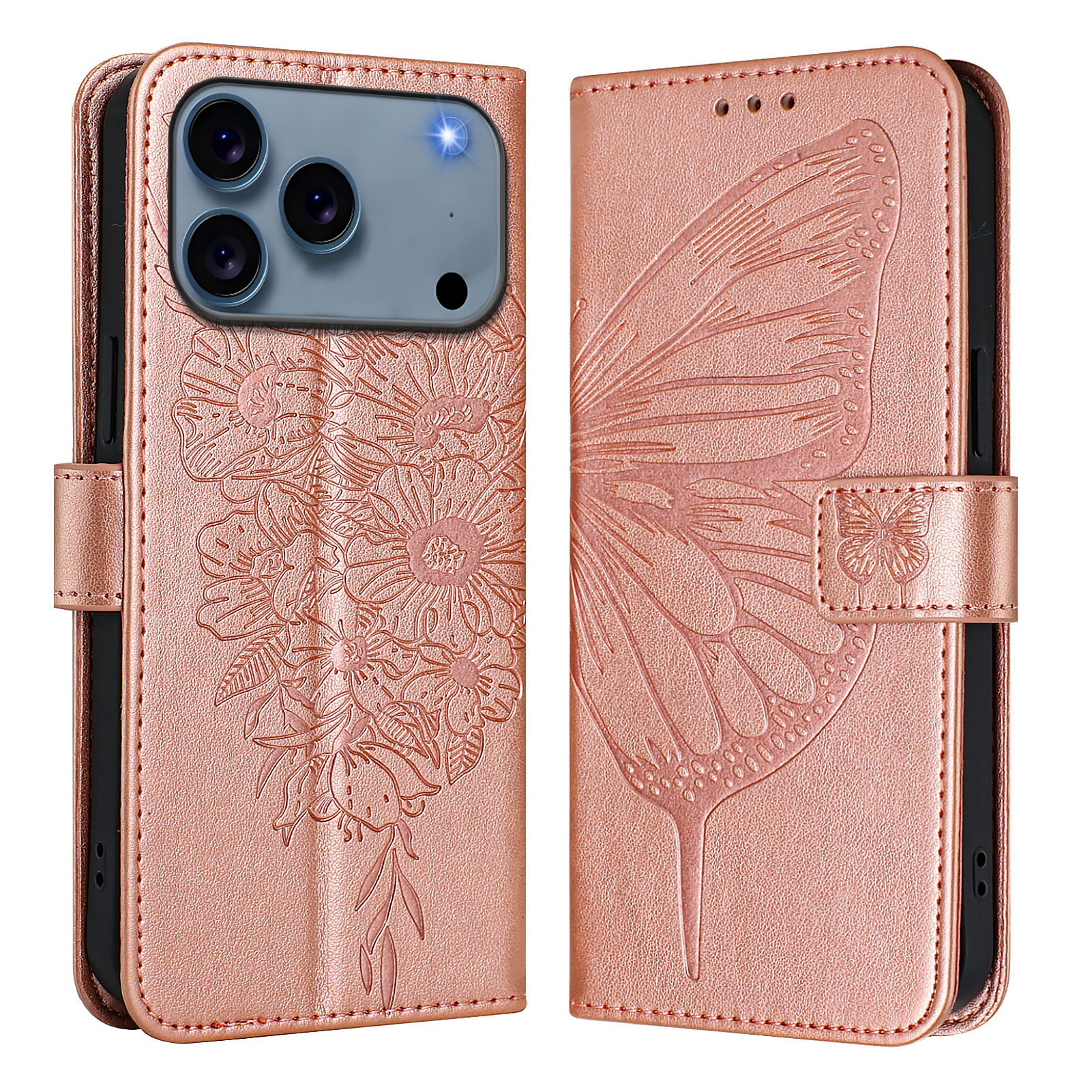 For iPhone 17 Pro Max Wallet Case with Wrist Strap Butterfly Imprint Leather Phone Cover - Rose Gold