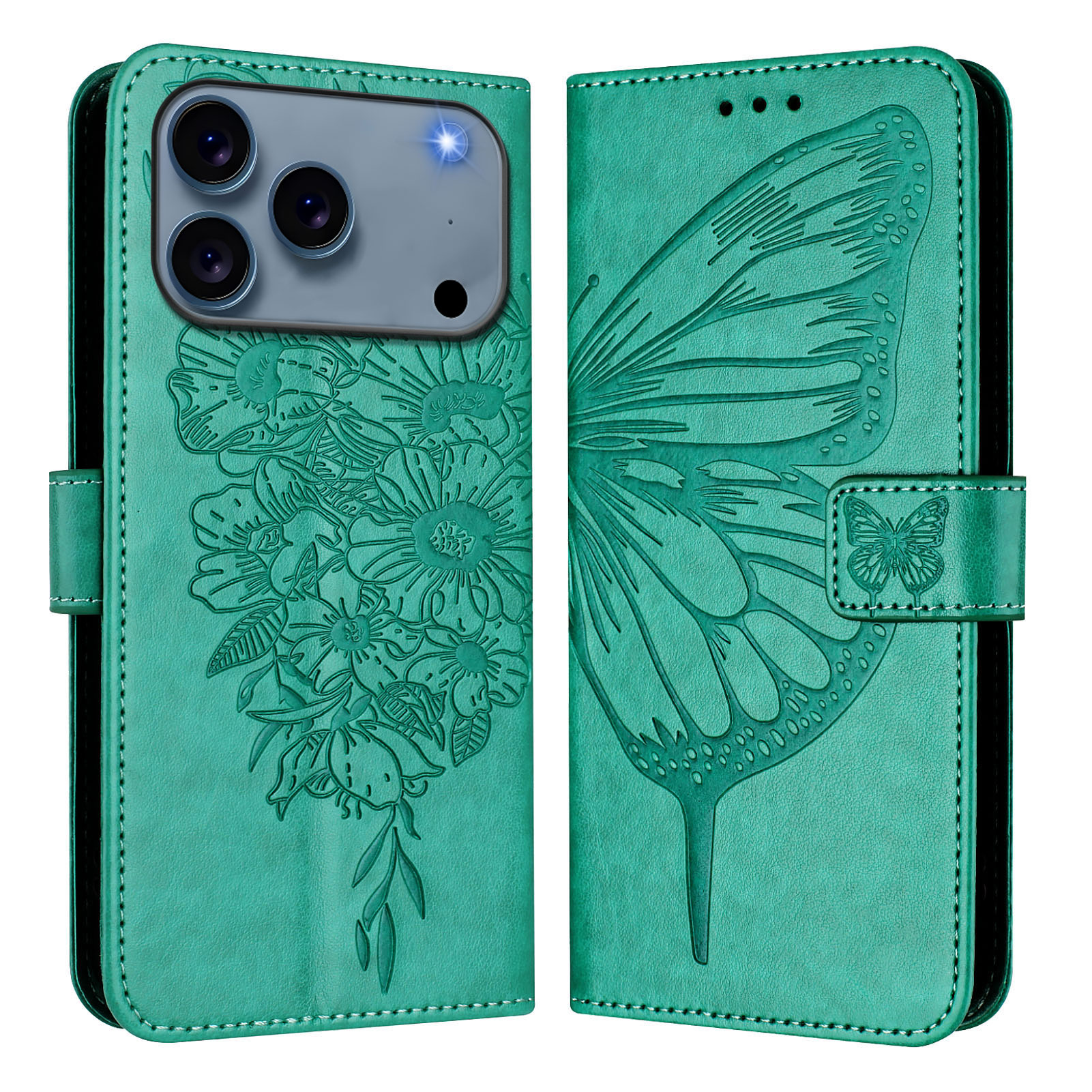 For iPhone 17 Pro Max Wallet Case with Wrist Strap Butterfly Imprint Leather Phone Cover - Green