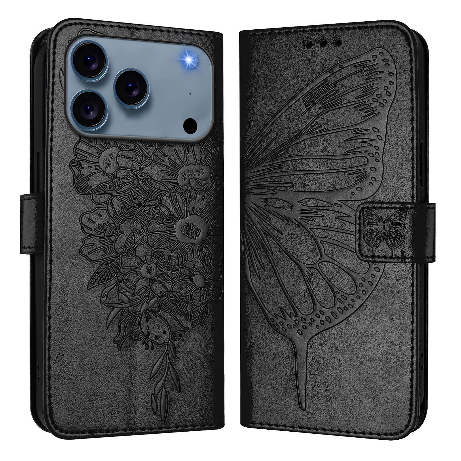 For iPhone 17 Pro Max Wallet Case with Wrist Strap Butterfly Imprint Leather Phone Cover - Black