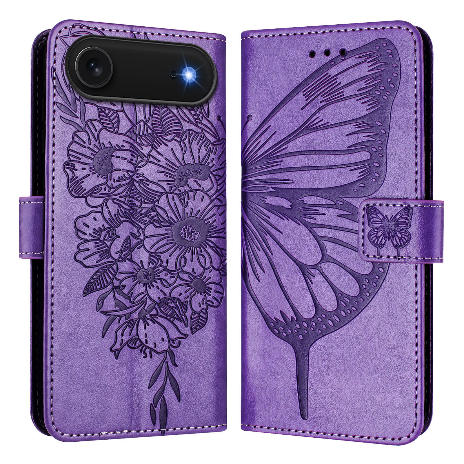 For iPhone Air Wallet Case with Wrist Strap Butterfly Imprint Leather Phone Cover - Purple