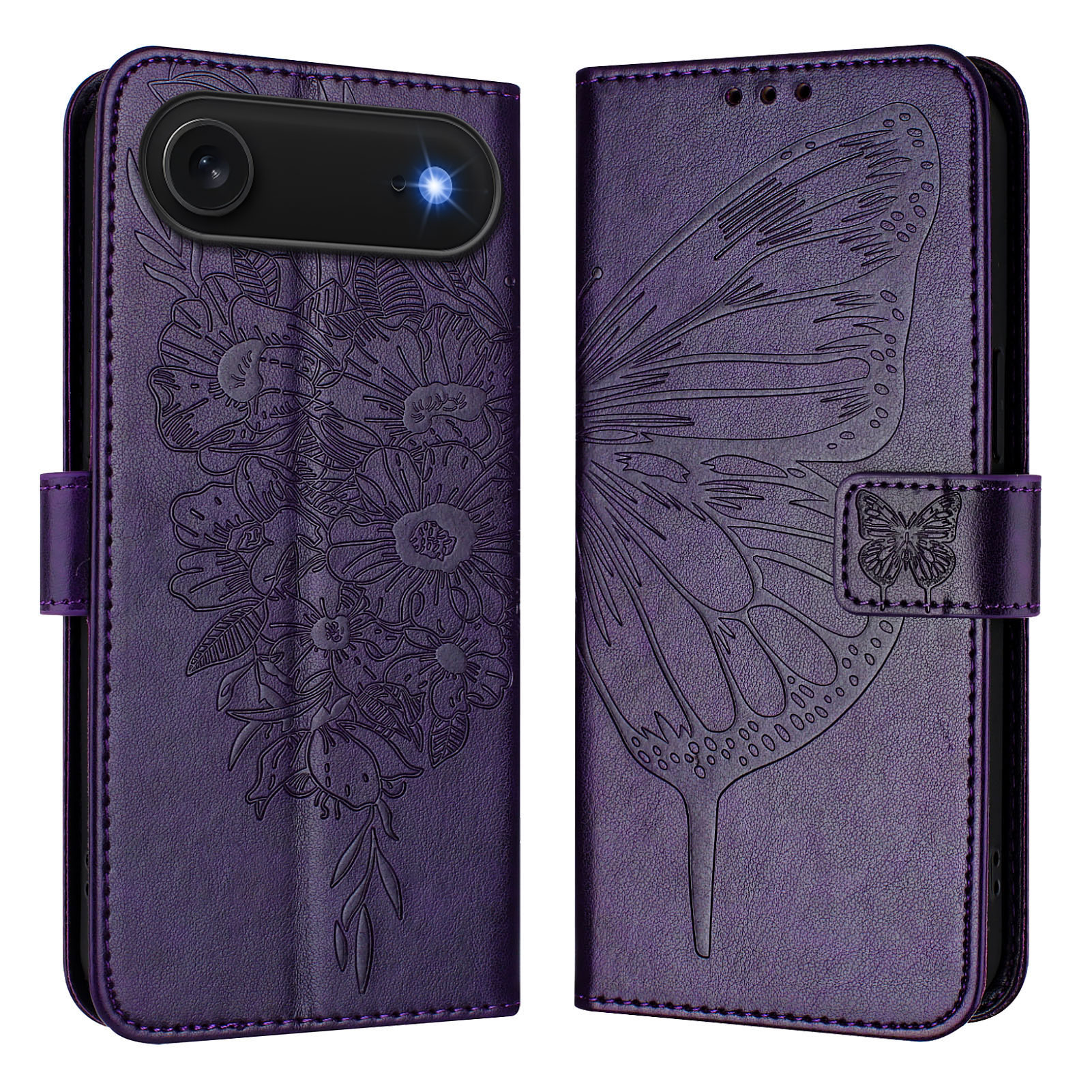 For iPhone Air Wallet Case with Wrist Strap Butterfly Imprint Leather Phone Cover - Dark Purple