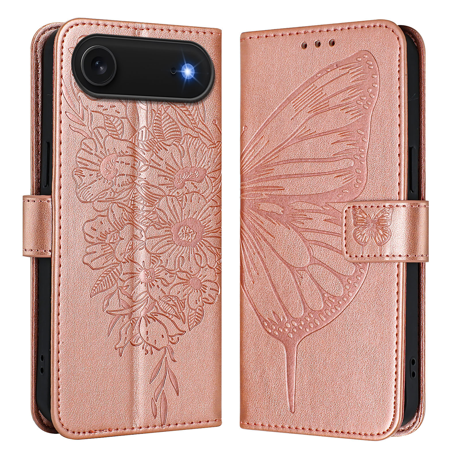 For iPhone Air Wallet Case with Wrist Strap Butterfly Imprint Leather Phone Cover - Rose Gold