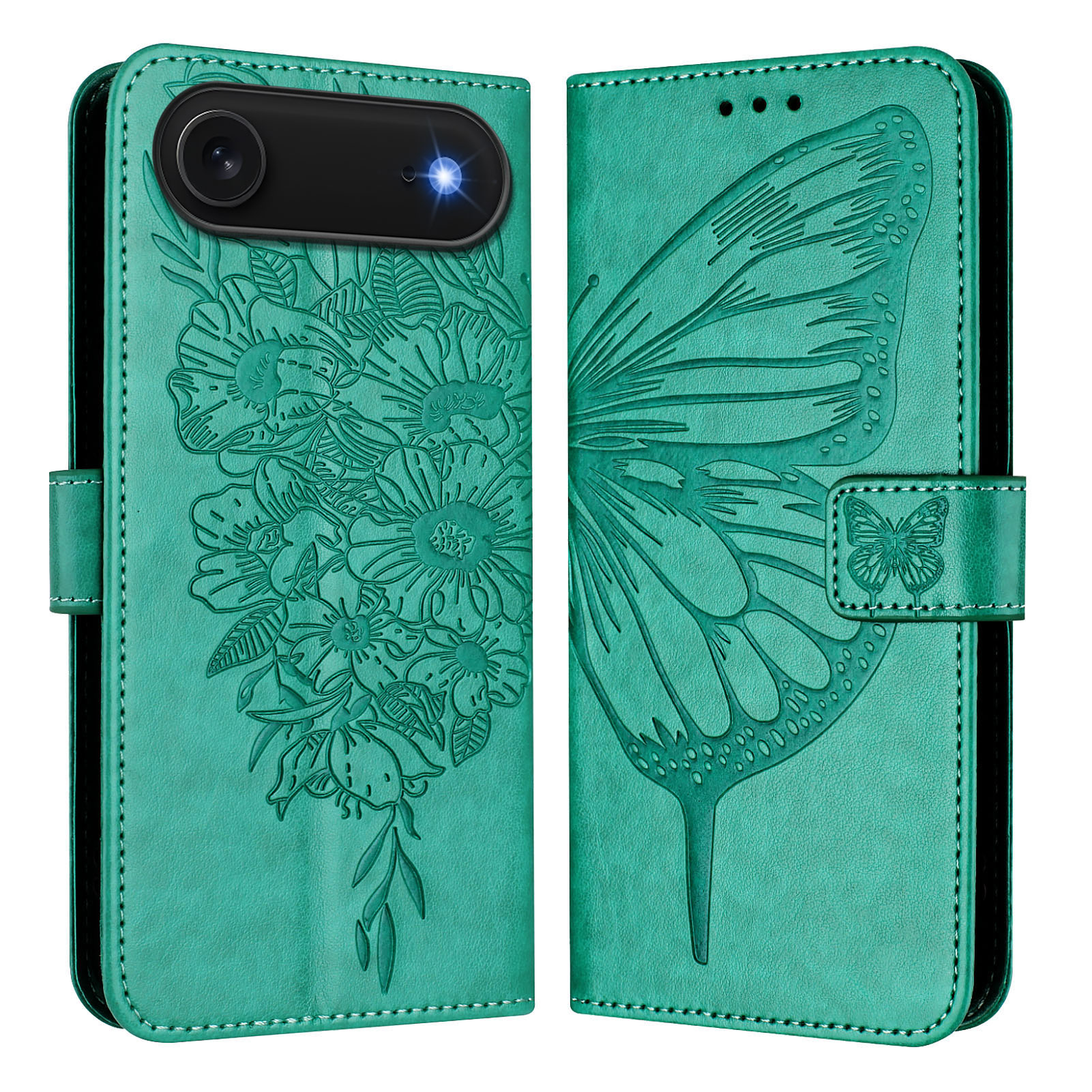 For iPhone Air Wallet Case with Wrist Strap Butterfly Imprint Leather Phone Cover - Green