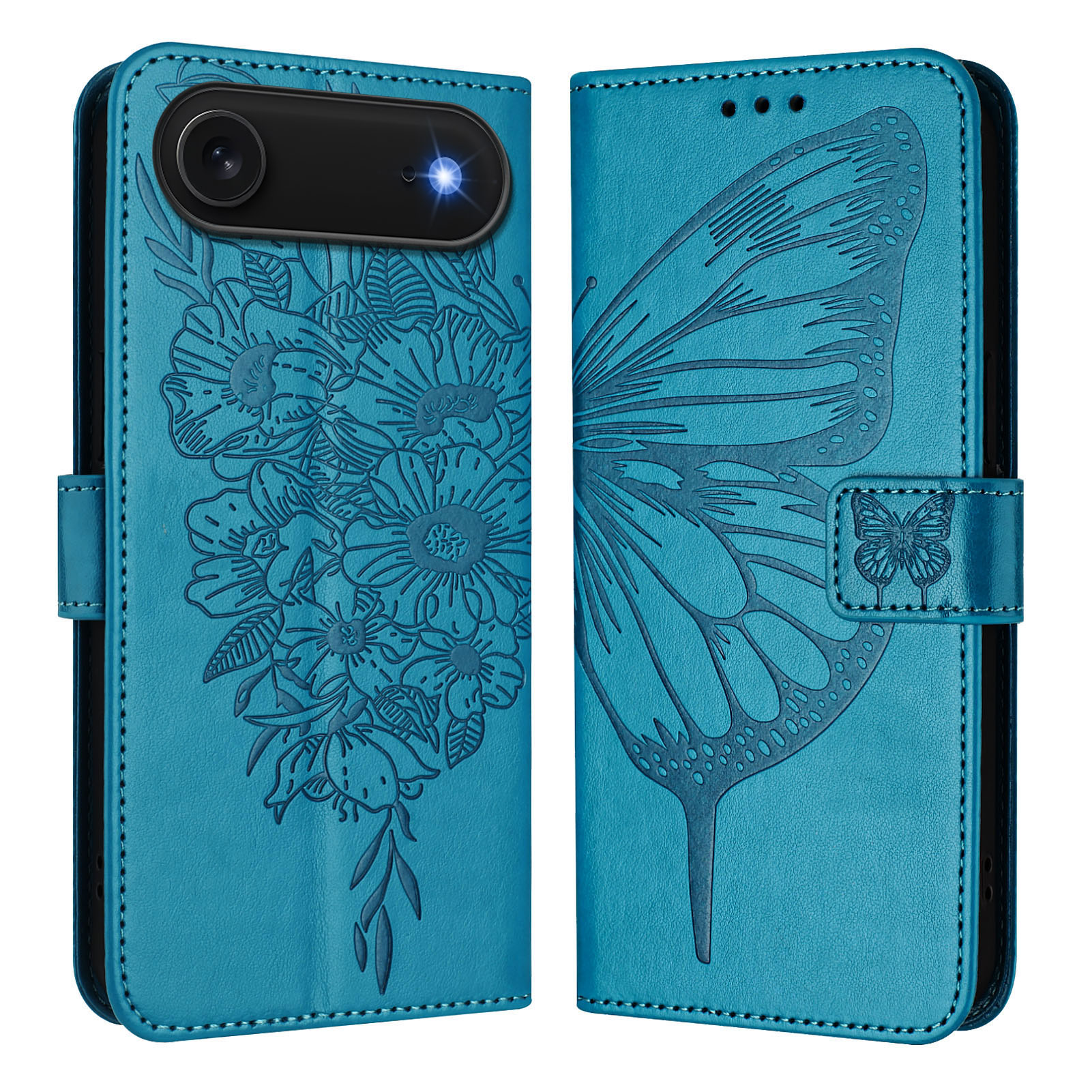 For iPhone Air Wallet Case with Wrist Strap Butterfly Imprint Leather Phone Cover - Blue