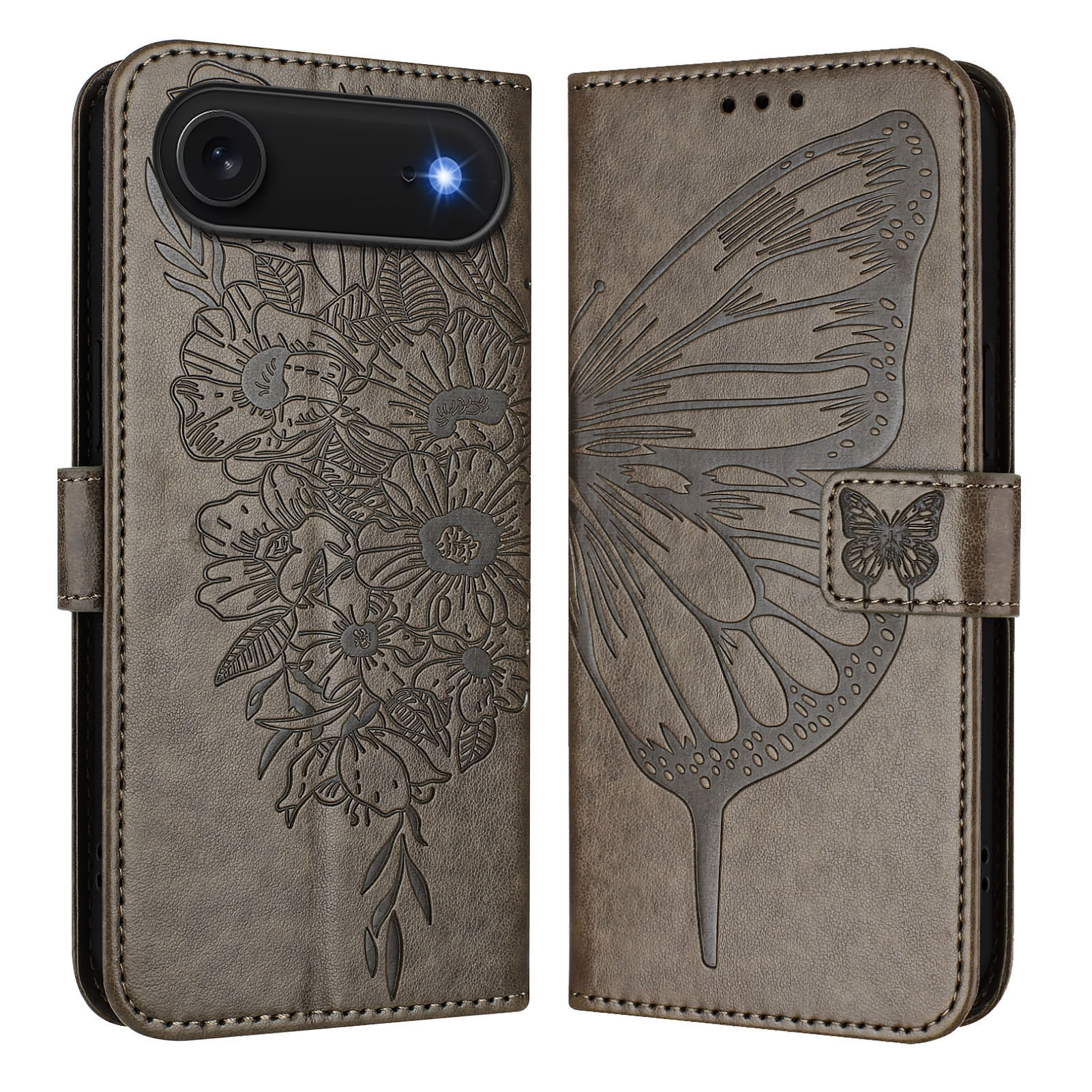 For iPhone Air Wallet Case with Wrist Strap Butterfly Imprint Leather Phone Cover - Grey