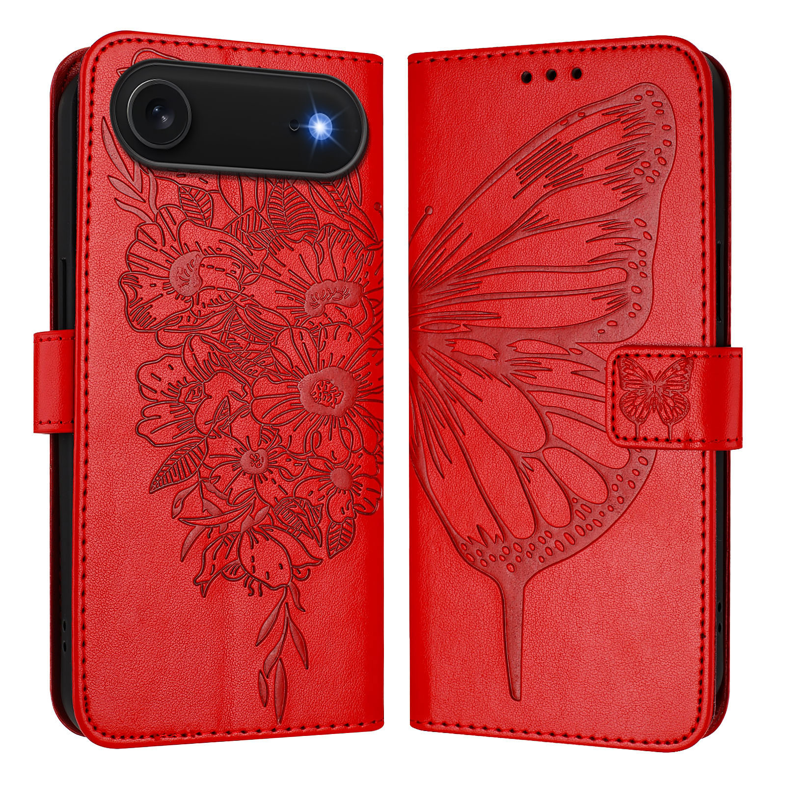 For iPhone Air Wallet Case with Wrist Strap Butterfly Imprint Leather Phone Cover - Red