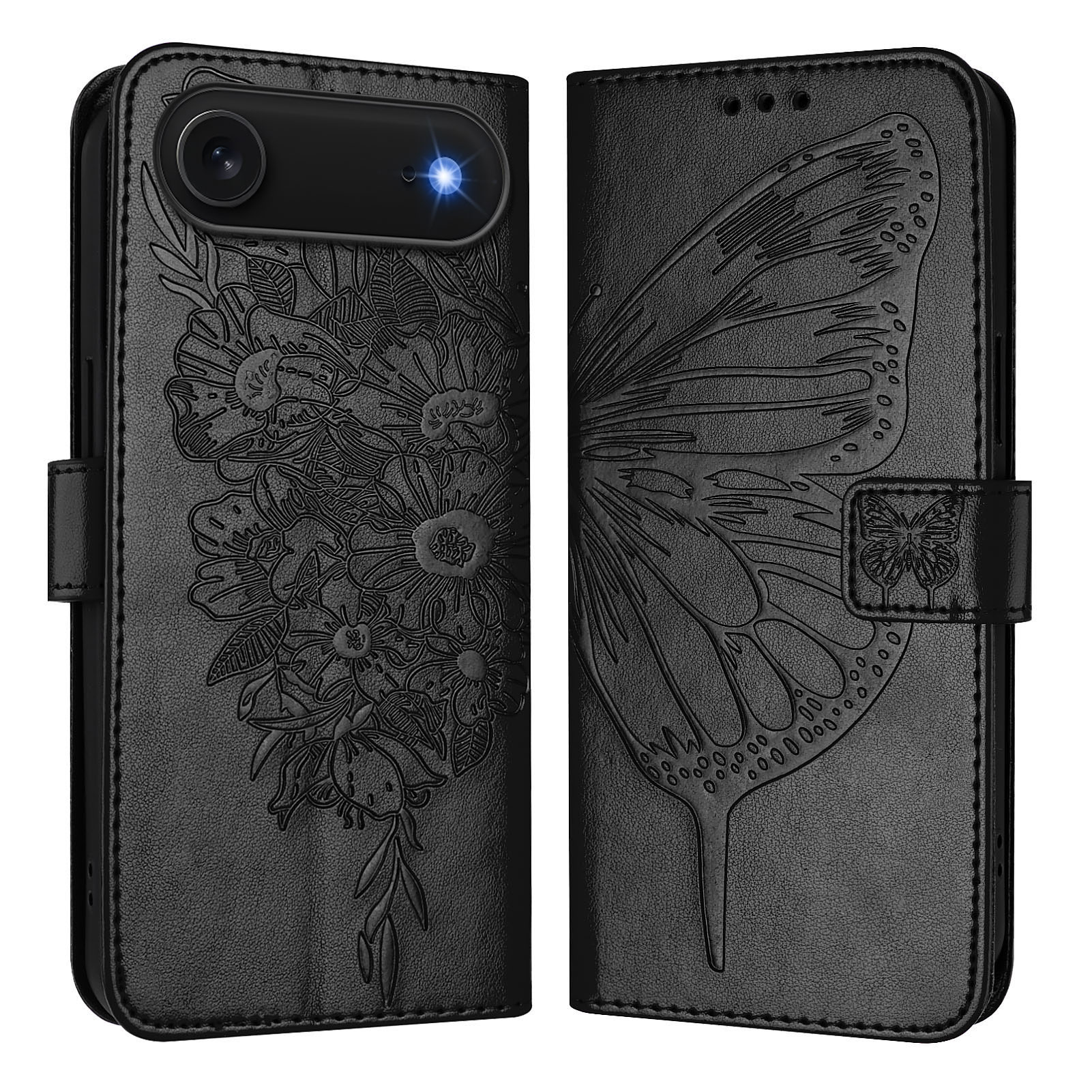 For iPhone Air Wallet Case with Wrist Strap Butterfly Imprint Leather Phone Cover - Black
