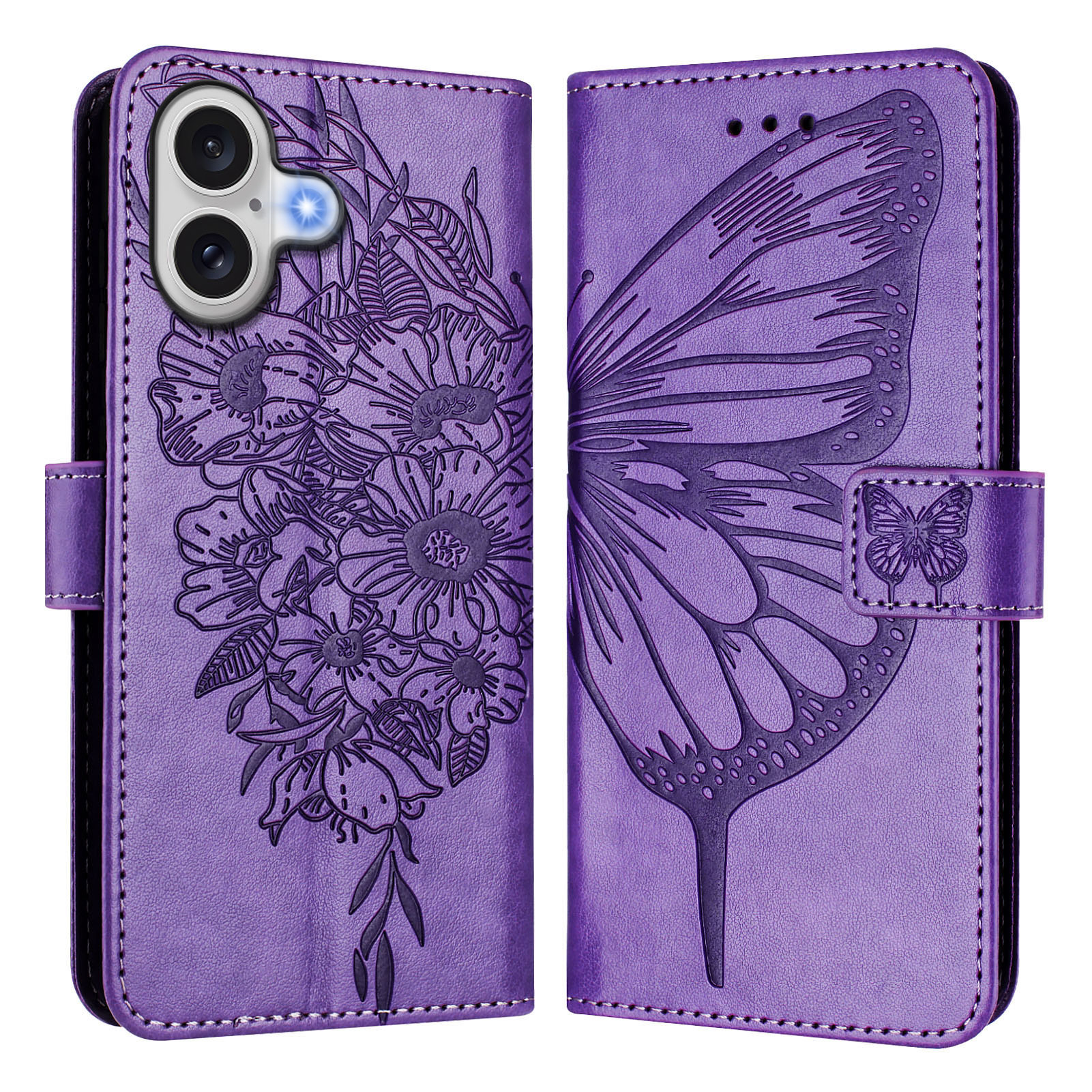 For iPhone 17 Wallet Case with Wrist Strap Butterfly Imprint Leather Phone Cover - Purple