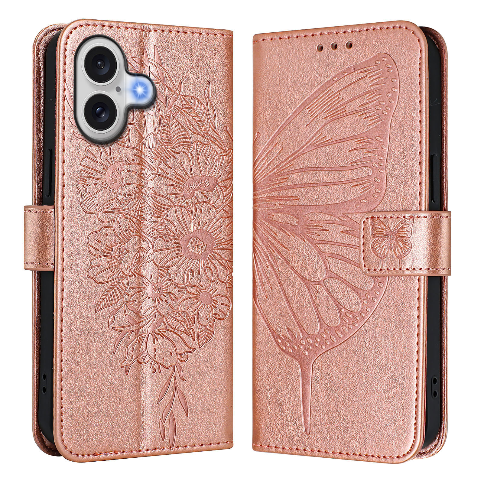 For iPhone 17 Wallet Case with Wrist Strap Butterfly Imprint Leather Phone Cover - Rose Gold