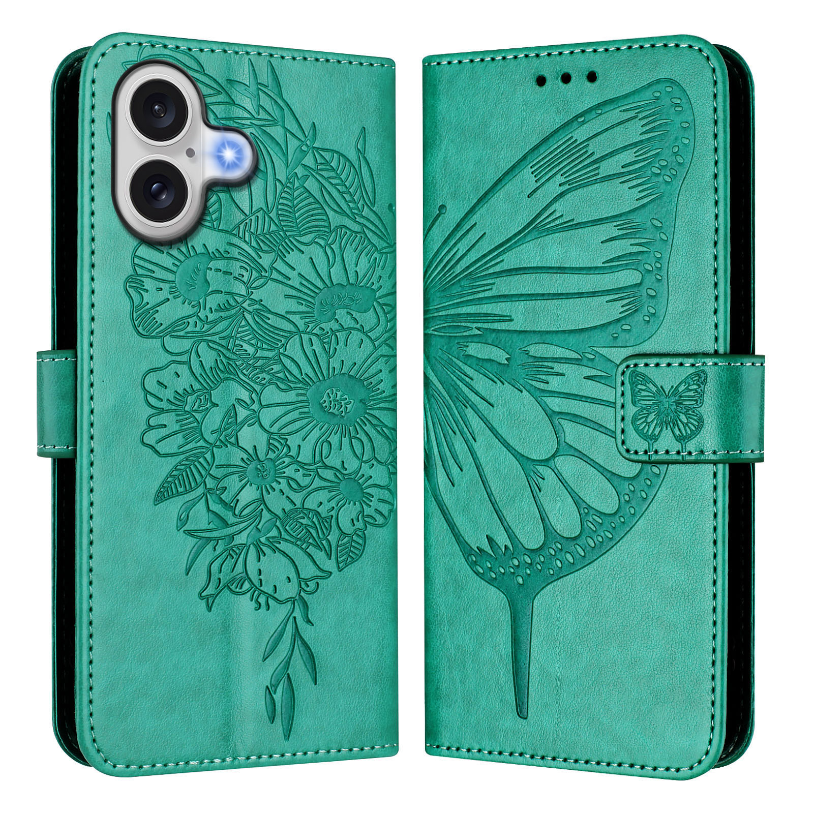 For iPhone 17 Wallet Case with Wrist Strap Butterfly Imprint Leather Phone Cover - Green