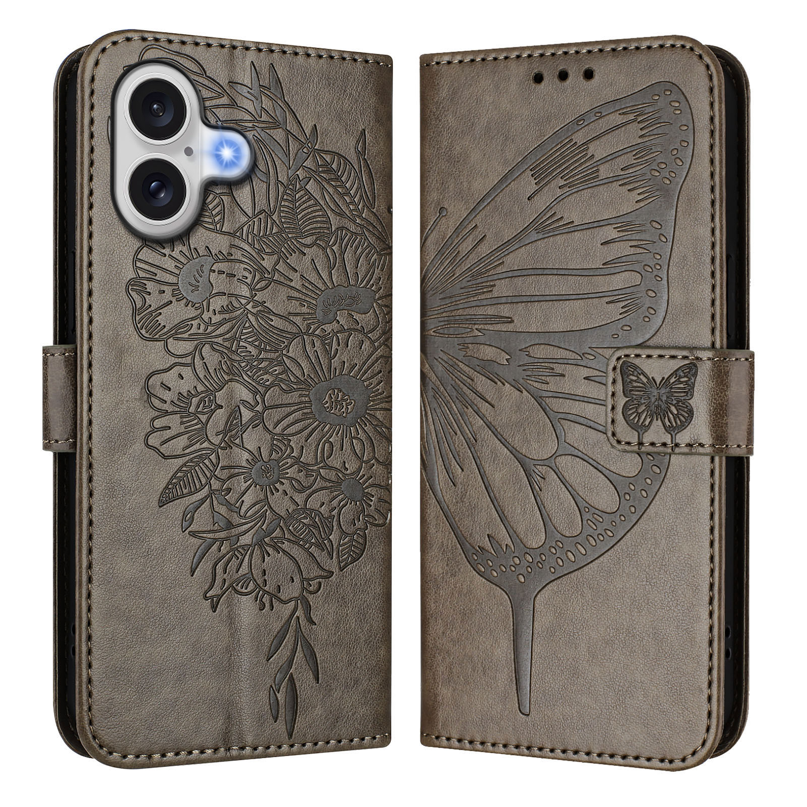 For iPhone 17 Wallet Case with Wrist Strap Butterfly Imprint Leather Phone Cover - Grey