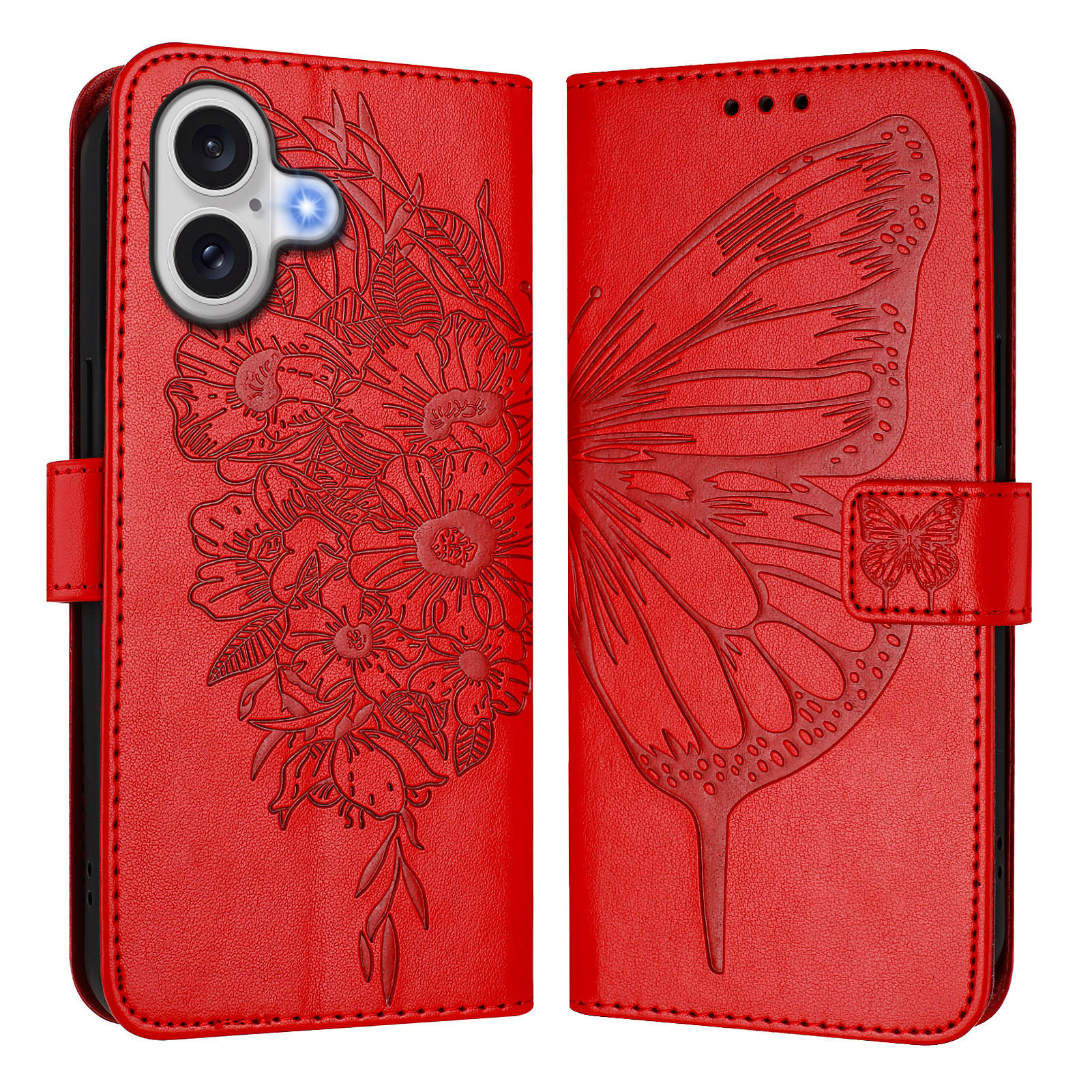 For iPhone 17 Wallet Case with Wrist Strap Butterfly Imprint Leather Phone Cover - Red